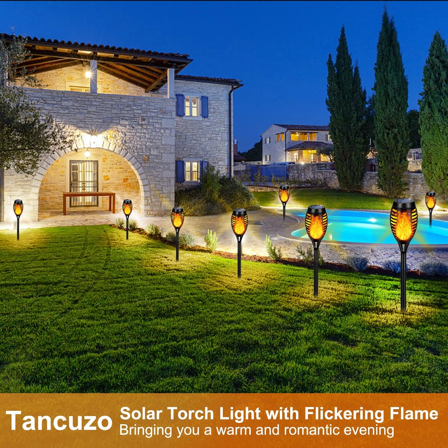 8 Packs Solar Tiki Torch Lights with Flickering Flame, Waterproof H-Alloween Solar Lights Outdoor, Solar H-Alloween Pathway Lights, H-Allowee Decor Lights for Garden, Lawn, Patio, Yard