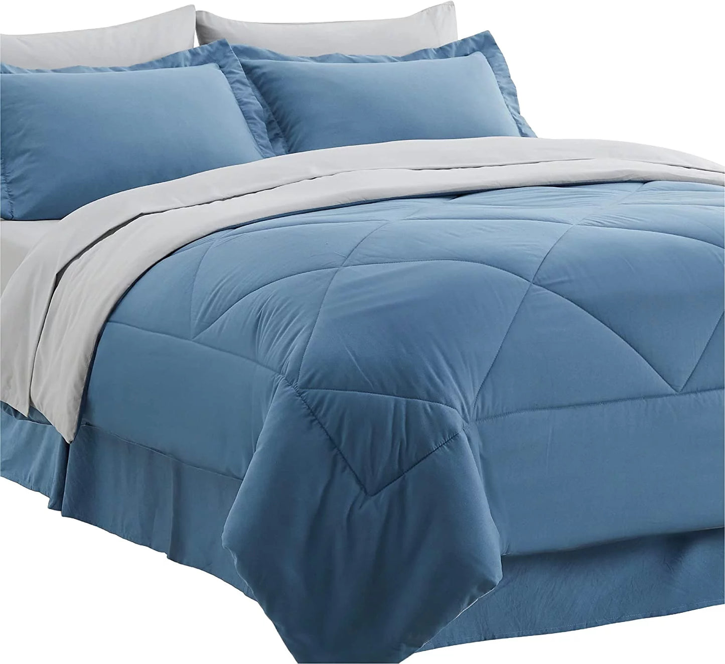 Blue Queen Comforter Set Queen - 7 Pieces Reversible Blue Bed in a Bag with Comforters, Sheets, Pillowcases & Shams, Queen Blue Bed Set