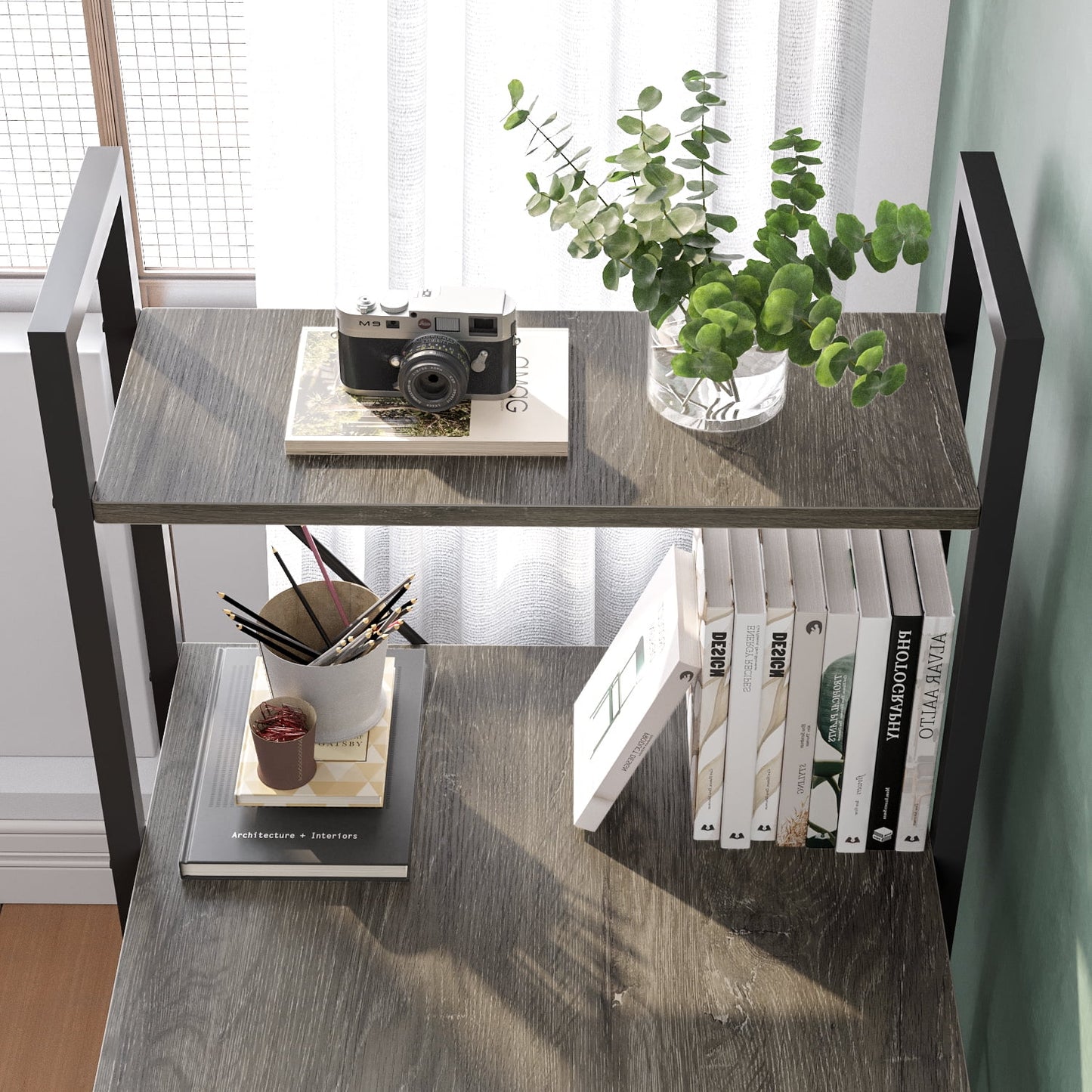 47" Computer Desk with Adjustable Shelves, Writing Desk with Reversible Bookshelf, Retro Grey Oak-Dark