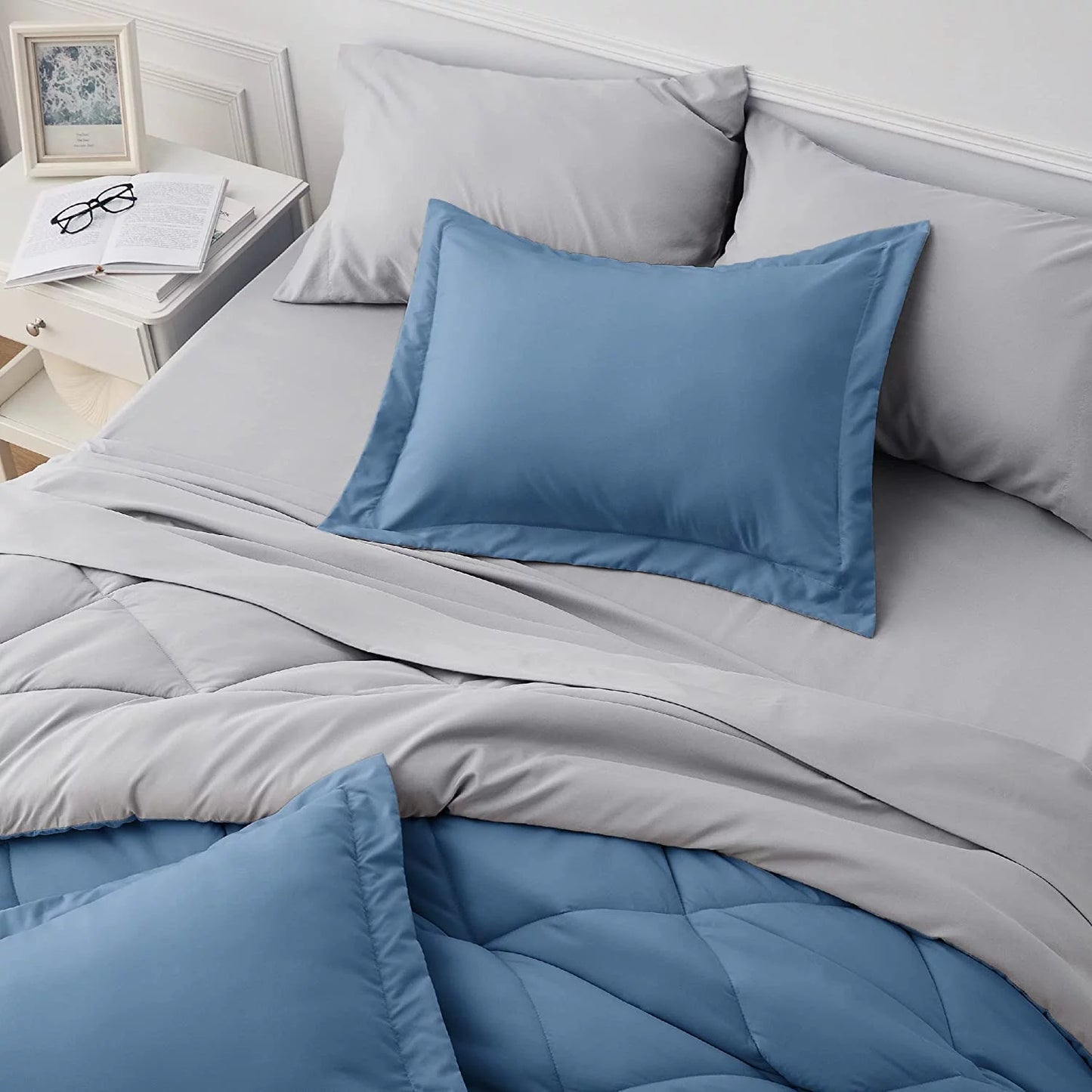 Blue Queen Comforter Set Queen - 7 Pieces Reversible Blue Bed in a Bag with Comforters, Sheets, Pillowcases & Shams, Queen Blue Bed Set