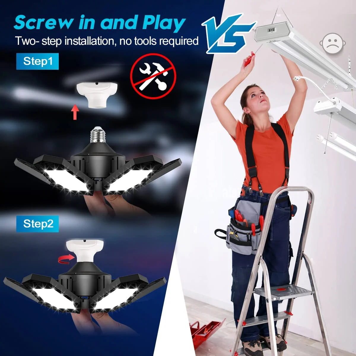 Motion Sensor Garage Light 2 Pack 150W Deformable LED Garage Lights Sensor Bright Garage Lights Motion Activated LED Shop Light with 6 Adjustable Wings for Garage Basement Attic Shop Workshop