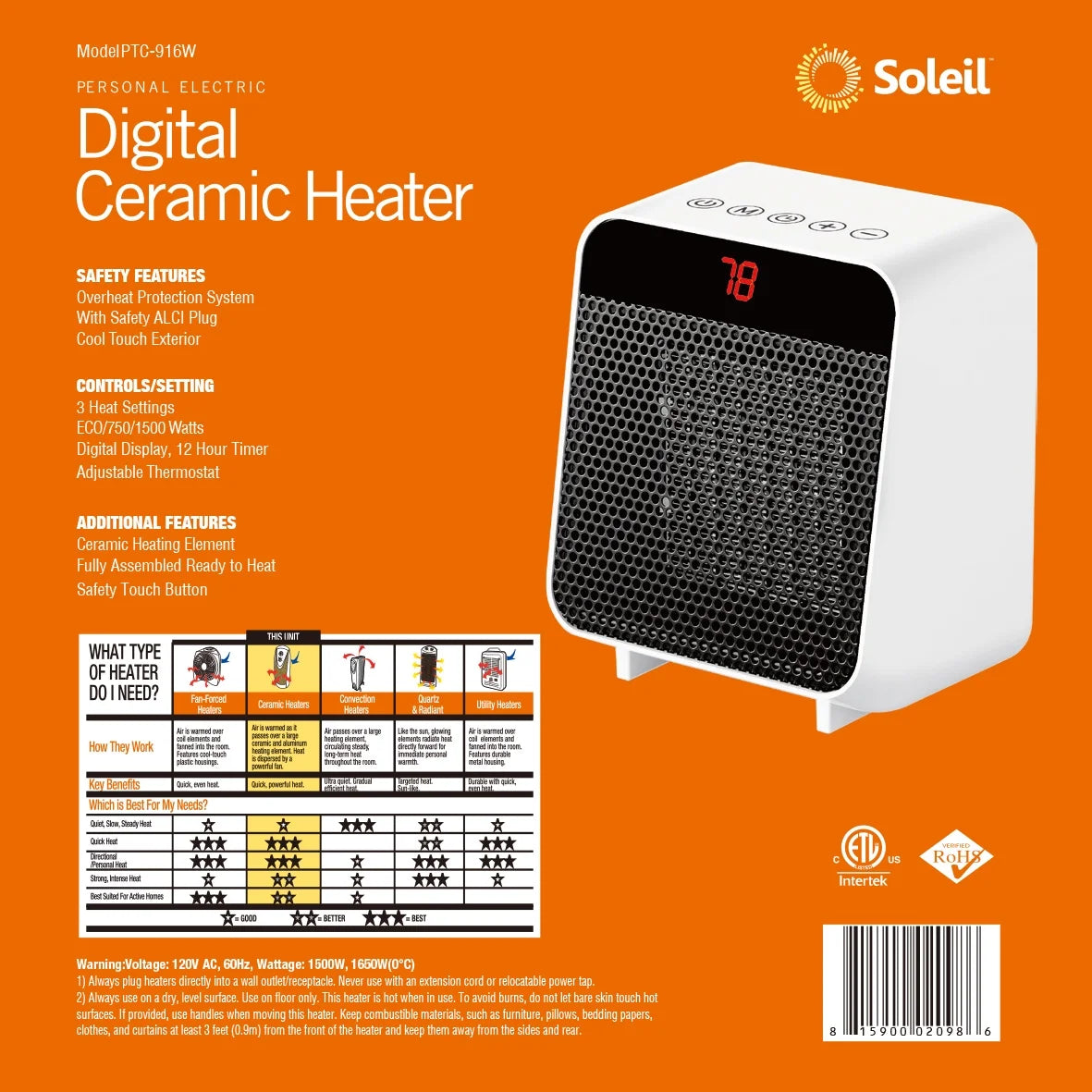 Soleil Electric Digital Ceramic Heater 1500W Indoor White PTC-916W