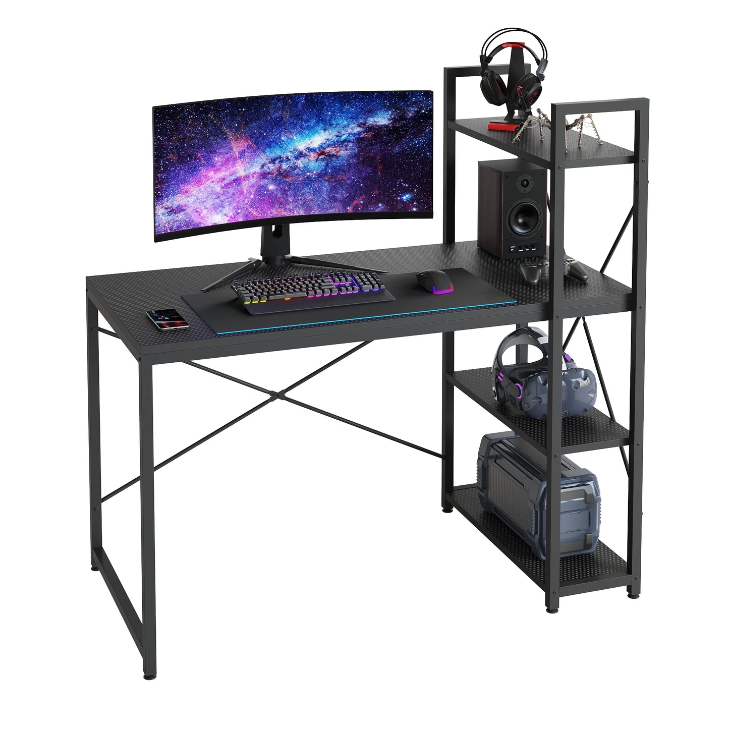 47" Computer Desk with Adjustable Shelves, Writing Desk with Reversible Bookshelf, Black 3D Carbon Fiber