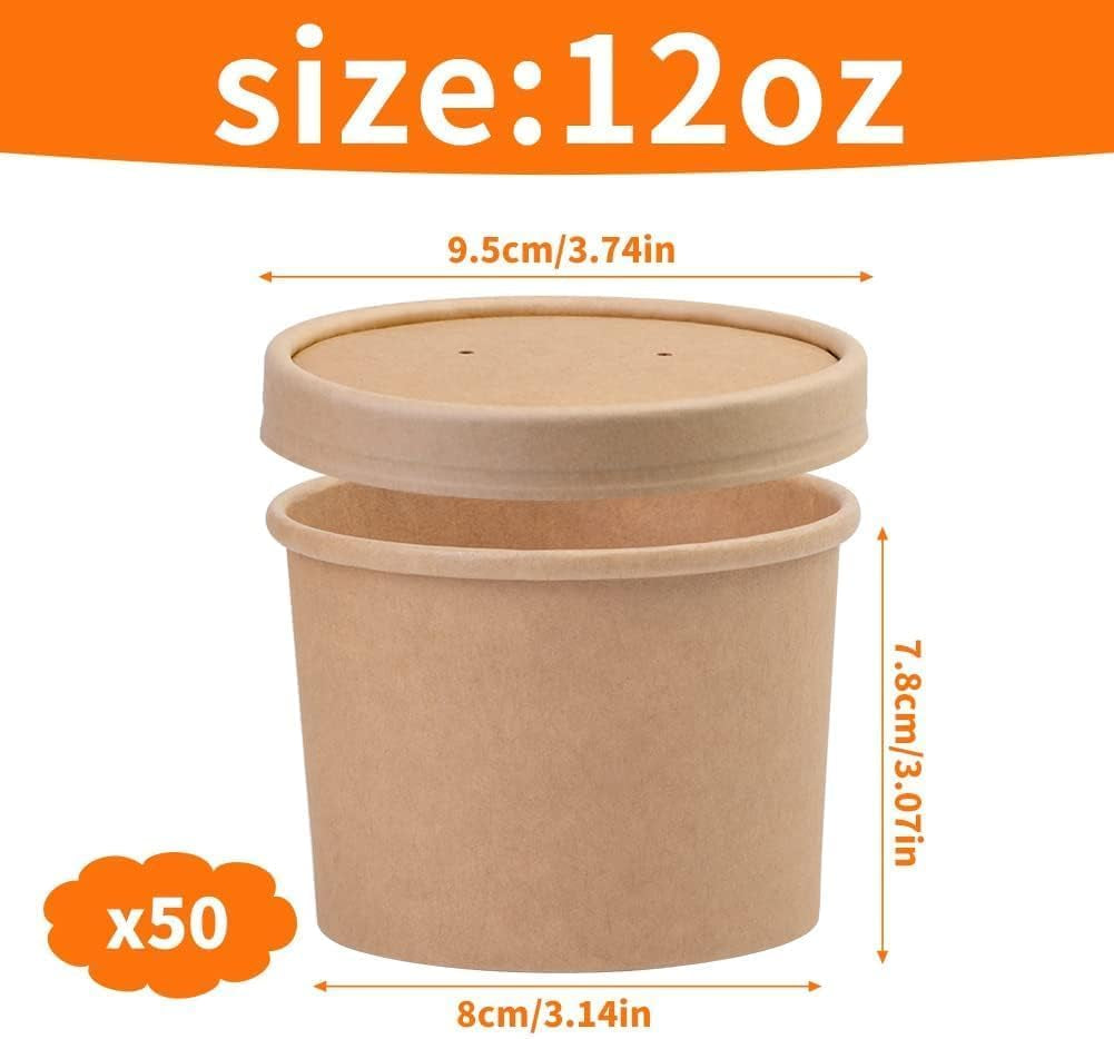50 Pack 12 Oz Paper Soup Cups with Lids, Disposable Kraft Paper Bowls, Paper Soup Containers to Go, Ice Cream Containers for Dessert Yogurt Ice Cream