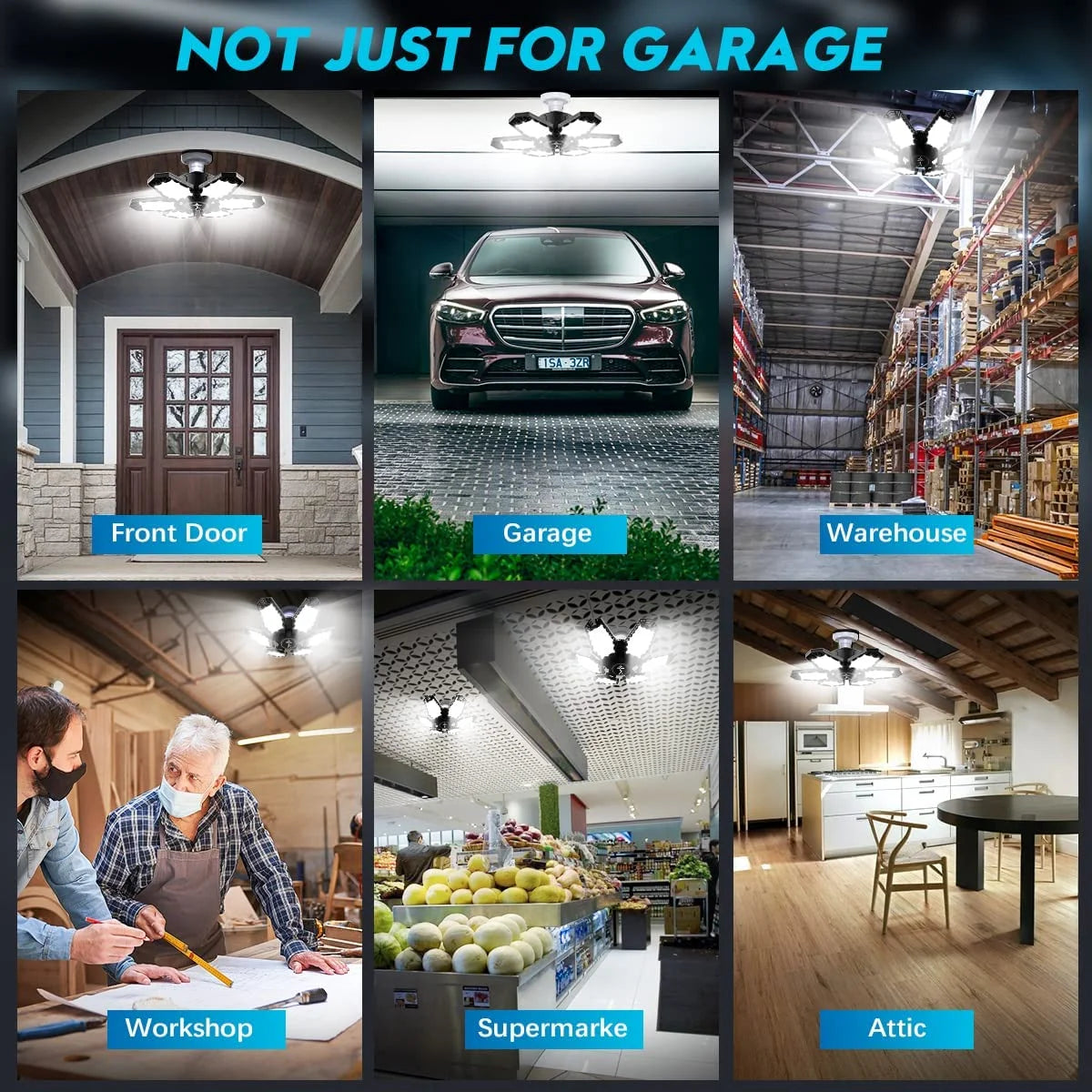 Motion Sensor Garage Light 2 Pack 150W Deformable LED Garage Lights Sensor Bright Garage Lights Motion Activated LED Shop Light with 6 Adjustable Wings for Garage Basement Attic Shop Workshop