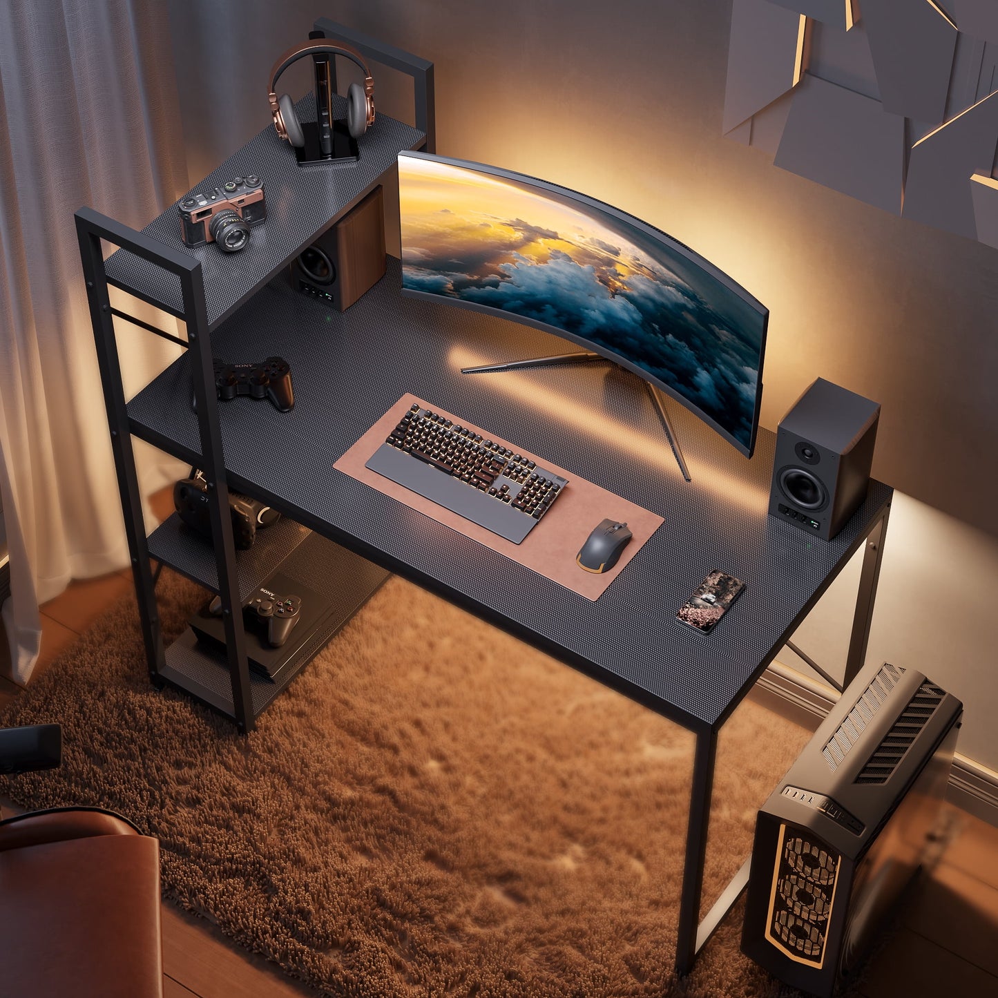 47" Computer Desk with Adjustable Shelves, Writing Desk with Reversible Bookshelf, Black 3D Carbon Fiber