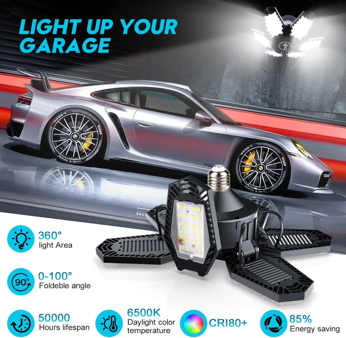 Motion Sensor Garage Light 2 Pack 150W Deformable LED Garage Lights Sensor Bright Garage Lights Motion Activated LED Shop Light with 6 Adjustable Wings for Garage Basement Attic Shop Workshop