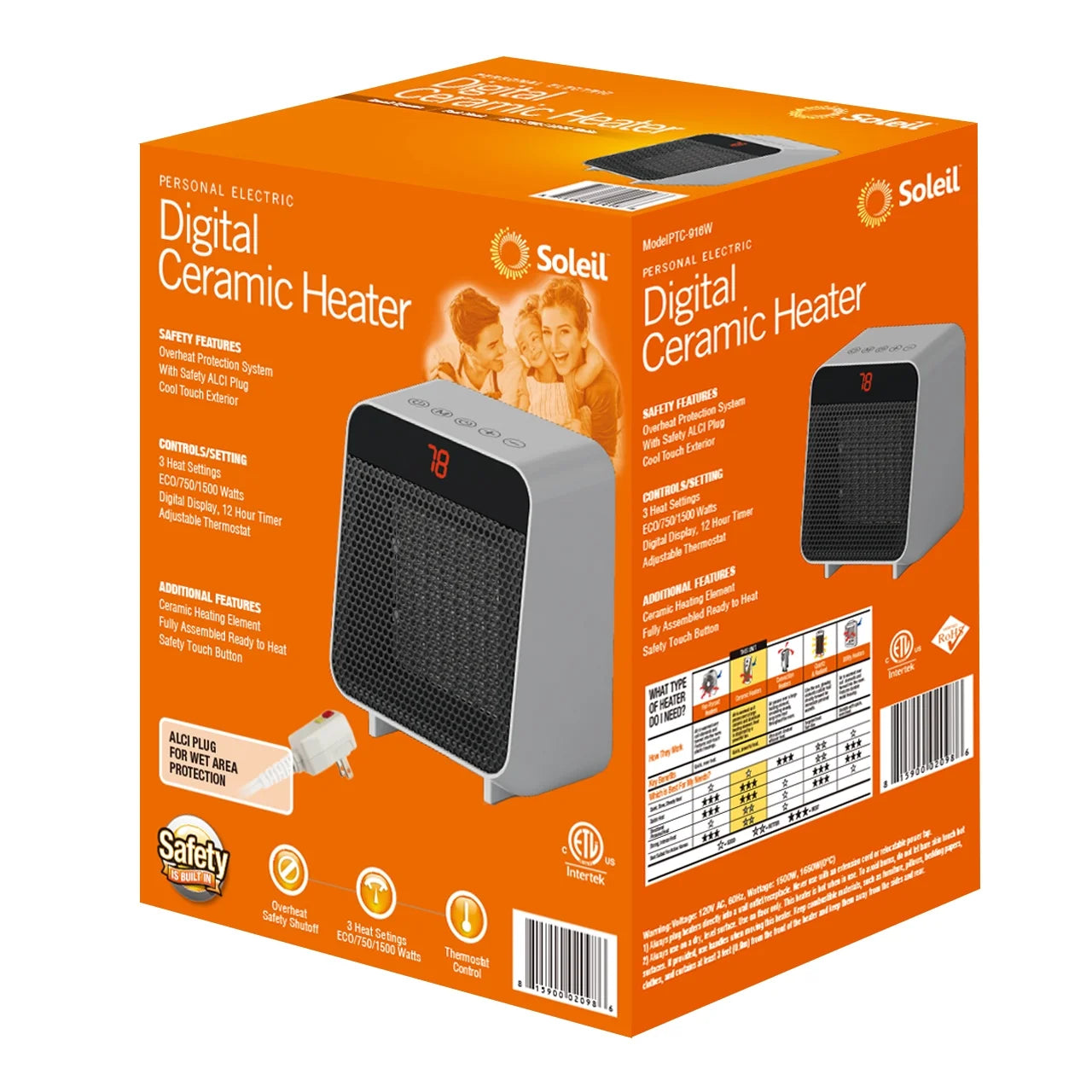 Soleil Electric Digital Ceramic Heater 1500W Indoor White PTC-916W