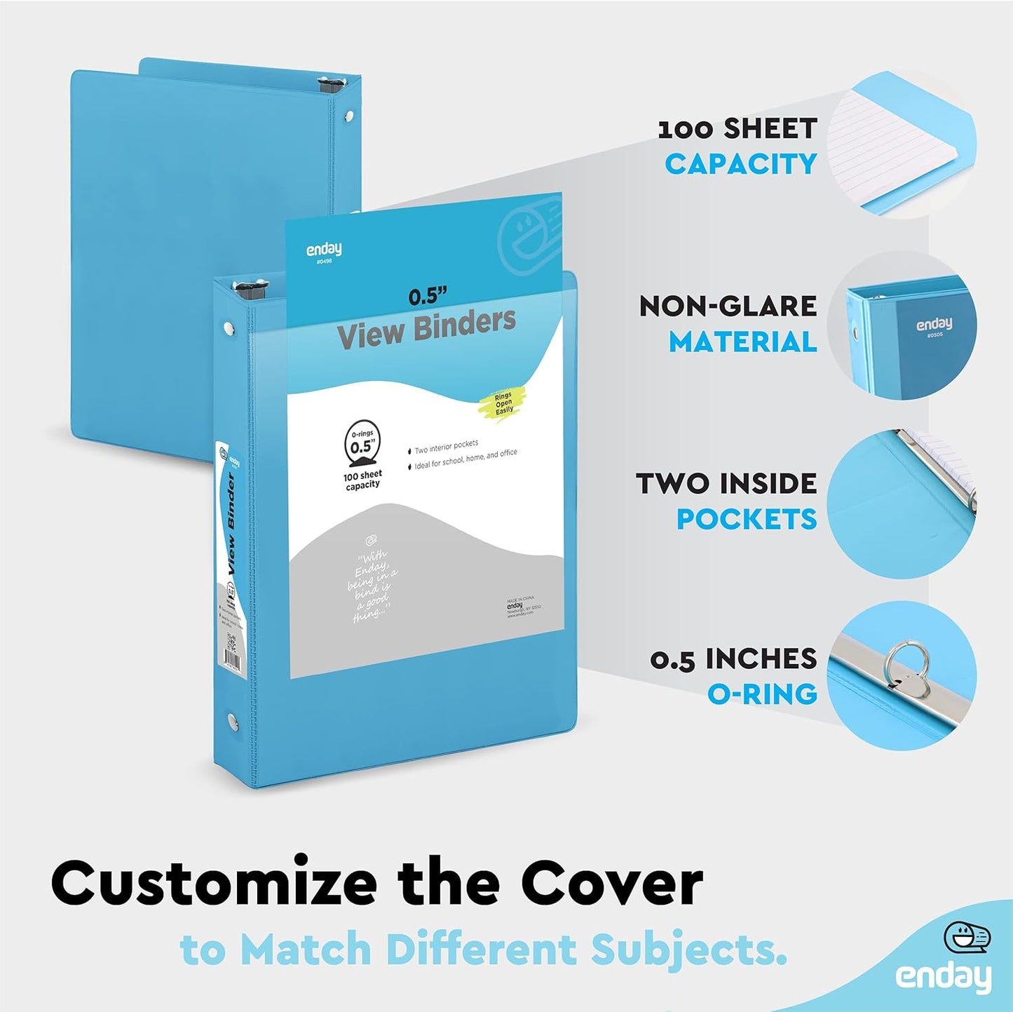½ Inch 3 Ring Binder .5 Inch Blue Clear View Cover with 2 inside Pockets, Colored School Supplies Office and Home Binders – by