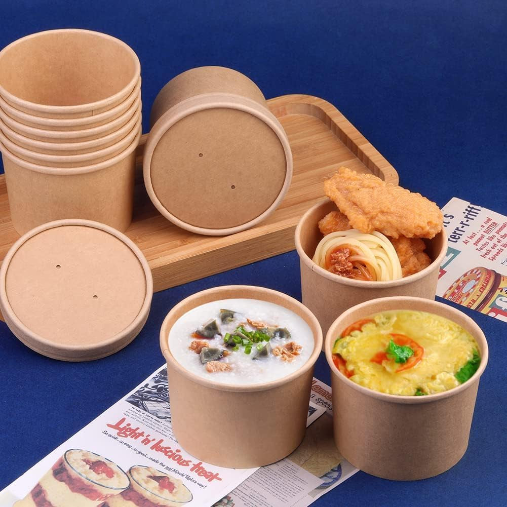 50 Pack 12 Oz Paper Soup Cups with Lids, Disposable Kraft Paper Bowls, Paper Soup Containers to Go, Ice Cream Containers for Dessert Yogurt Ice Cream
