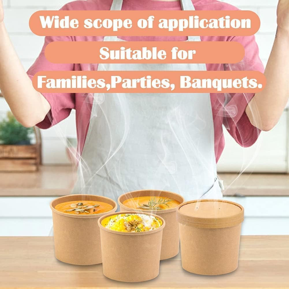 50 Pack 12 Oz Paper Soup Cups with Lids, Disposable Kraft Paper Bowls, Paper Soup Containers to Go, Ice Cream Containers for Dessert Yogurt Ice Cream