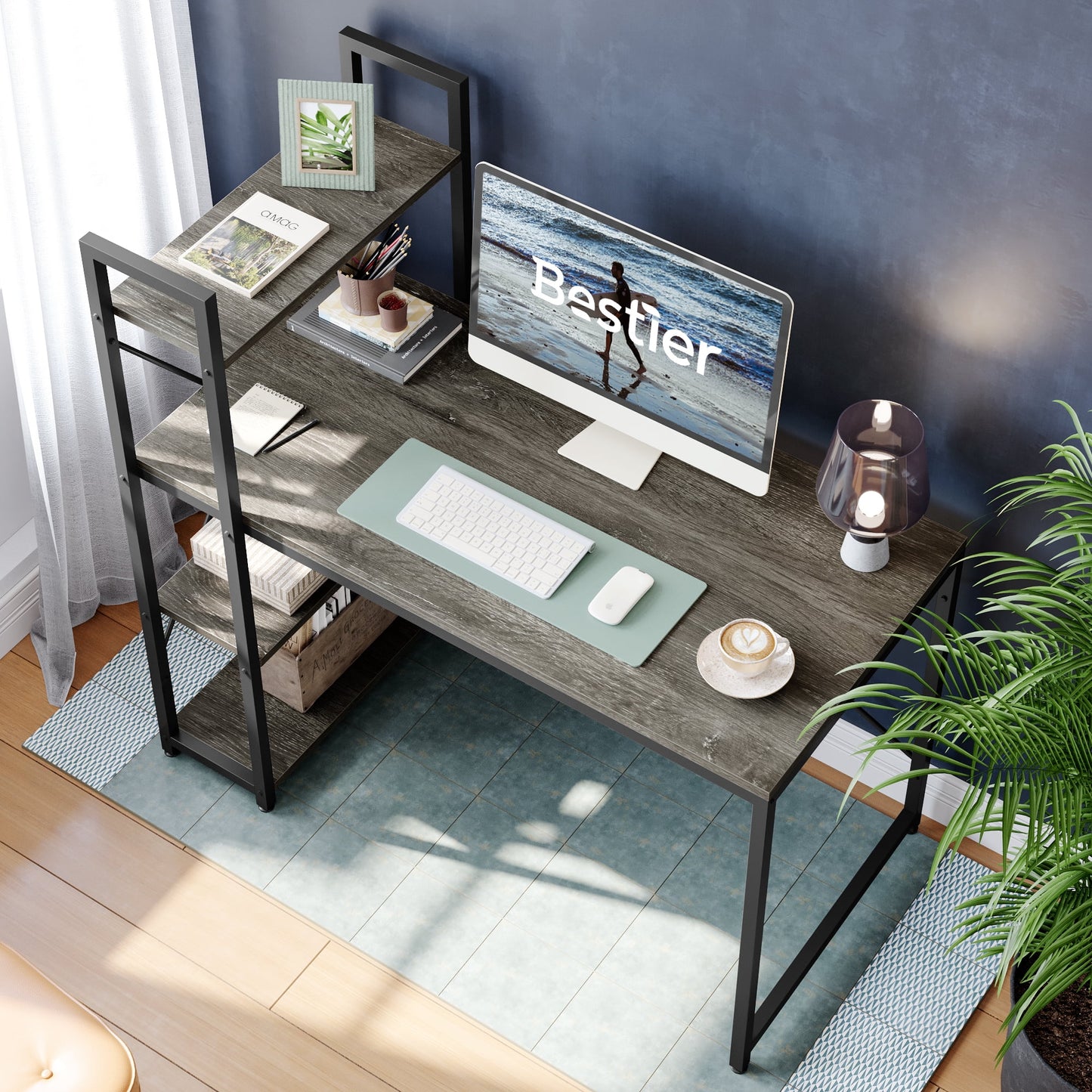 47" Computer Desk with Adjustable Shelves, Writing Desk with Reversible Bookshelf, Retro Grey Oak-Dark