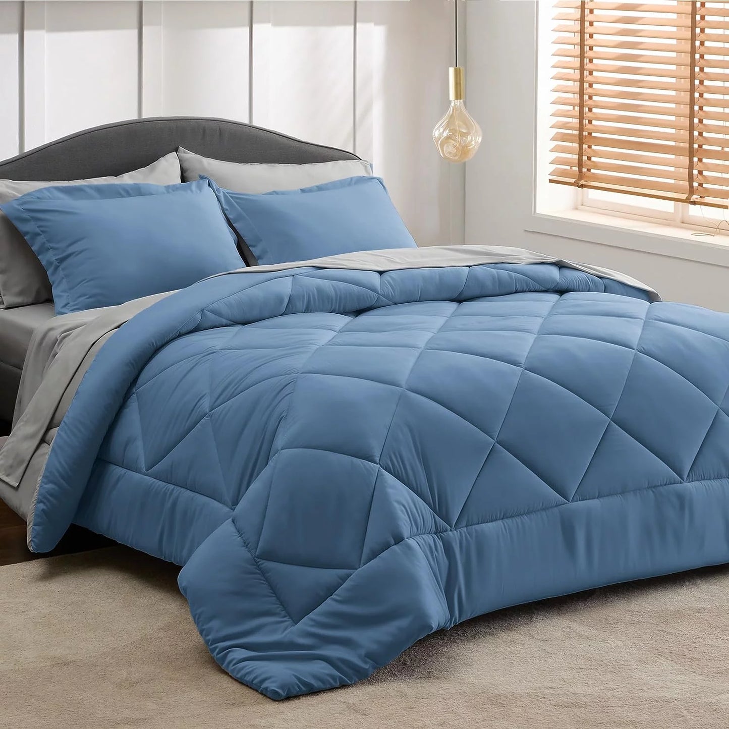 Blue Queen Comforter Set Queen - 7 Pieces Reversible Blue Bed in a Bag with Comforters, Sheets, Pillowcases & Shams, Queen Blue Bed Set