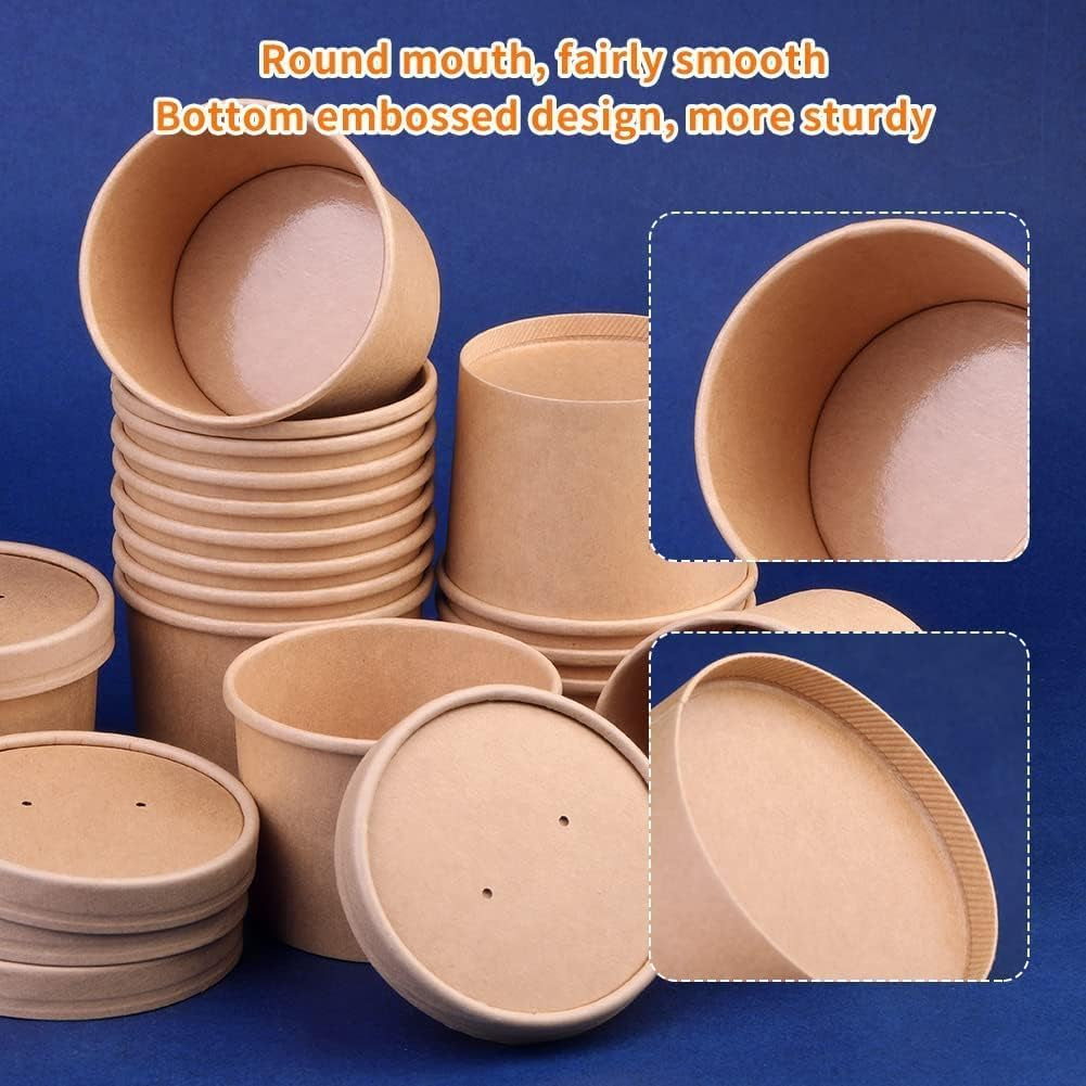 50 Pack 12 Oz Paper Soup Cups with Lids, Disposable Kraft Paper Bowls, Paper Soup Containers to Go, Ice Cream Containers for Dessert Yogurt Ice Cream