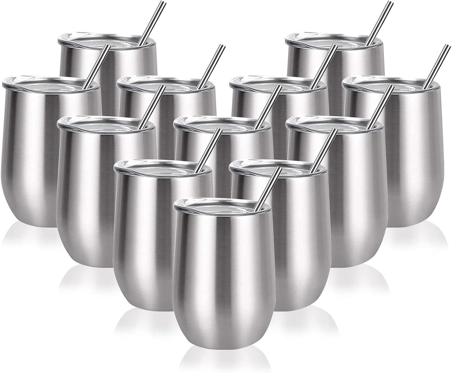 12 Pack Wine Tumblers with Lids and Straws Stainless Steel Wine Tumbler with Lid 12 Pack Wine Tumbler Set of 12 Bulk Tumblers with Lids and Straws for Diy Graduation Party Bridesmaid Gifts 12OZ Silver