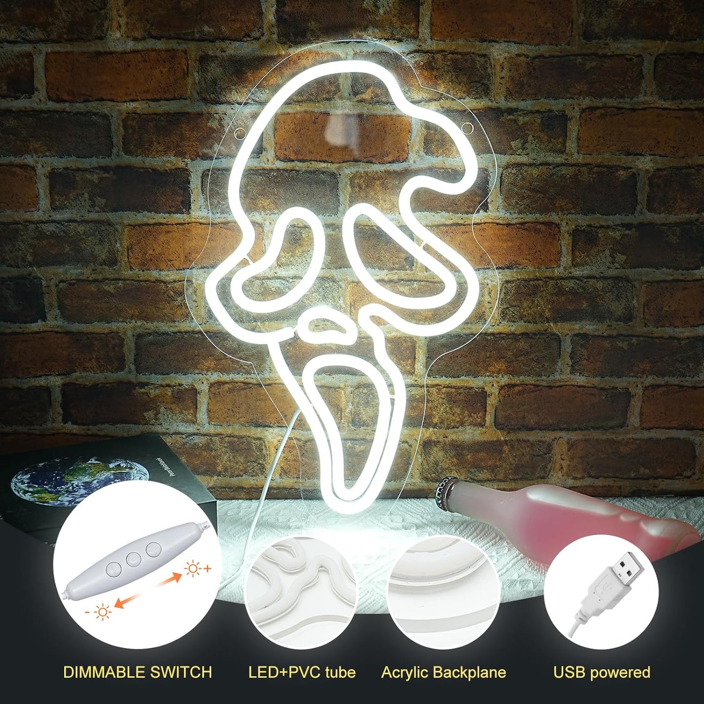 Ghost Face Neon Sign,Halloween Skull Neon Light for Bedroom,Game Room, Mancave, Bar Halloween Party Gifts