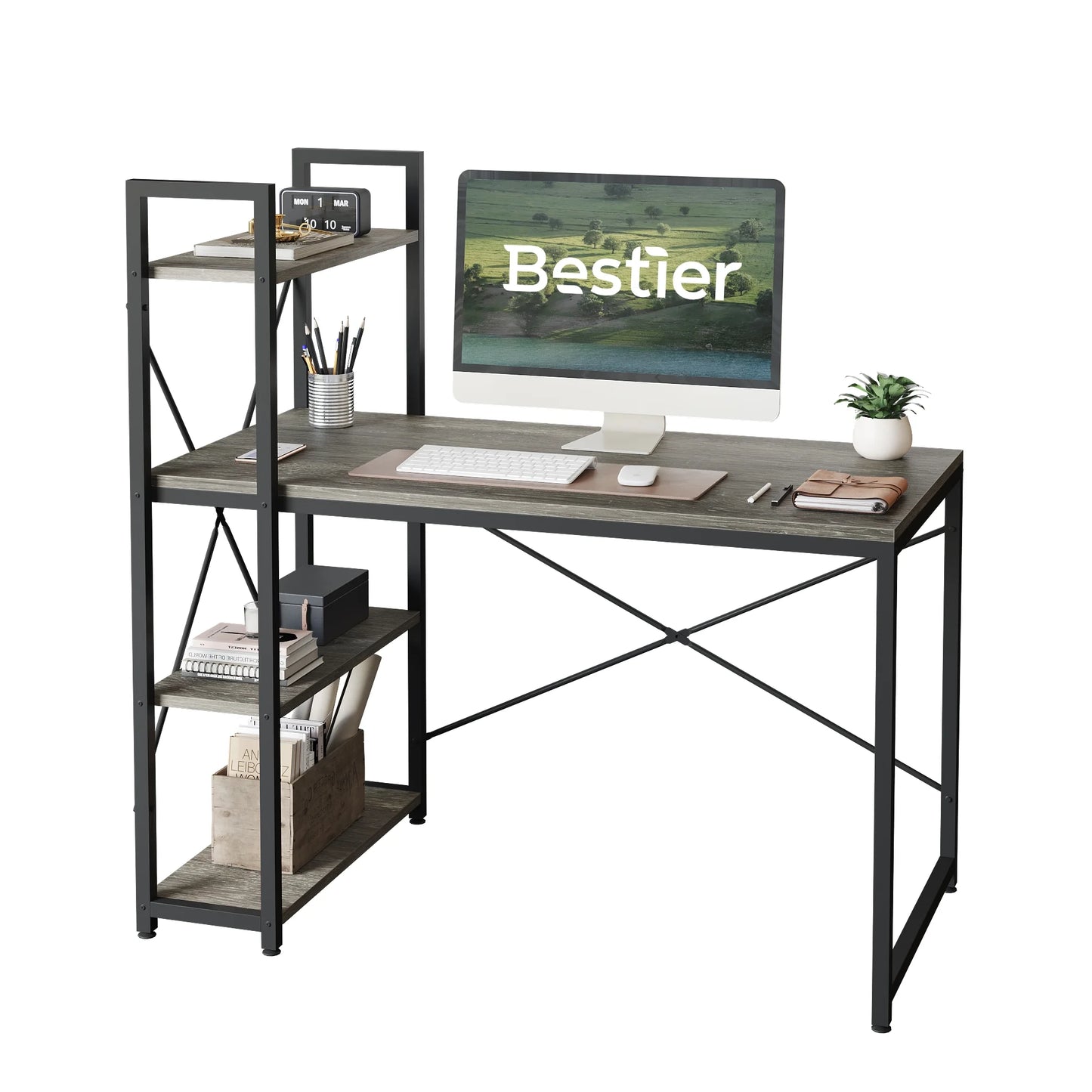 47" Computer Desk with Adjustable Shelves, Writing Desk with Reversible Bookshelf, Retro Grey Oak-Dark