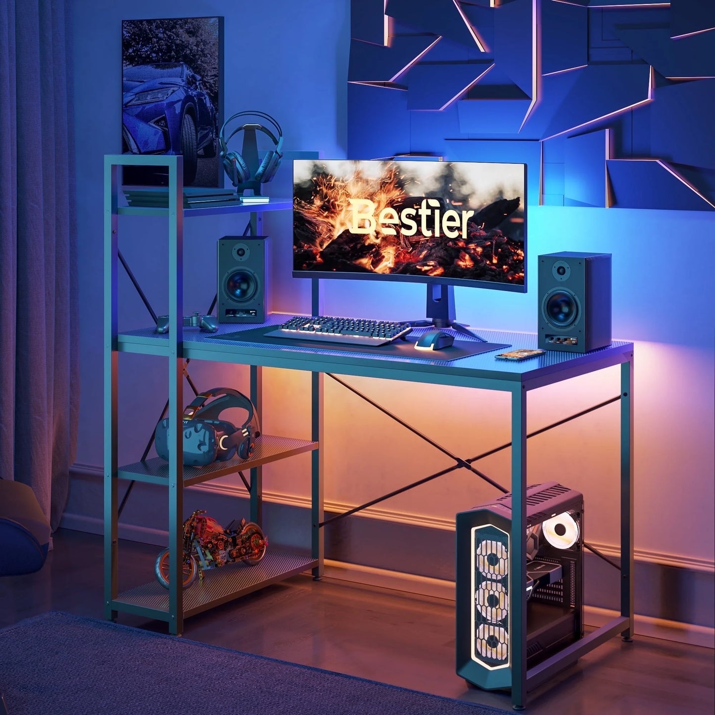 47" Computer Desk with Adjustable Shelves, Writing Desk with Reversible Bookshelf, Black 3D Carbon Fiber