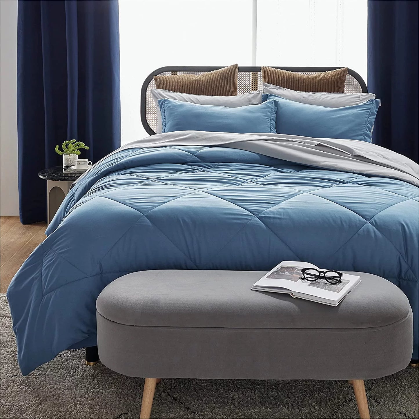 Blue Queen Comforter Set Queen - 7 Pieces Reversible Blue Bed in a Bag with Comforters, Sheets, Pillowcases & Shams, Queen Blue Bed Set