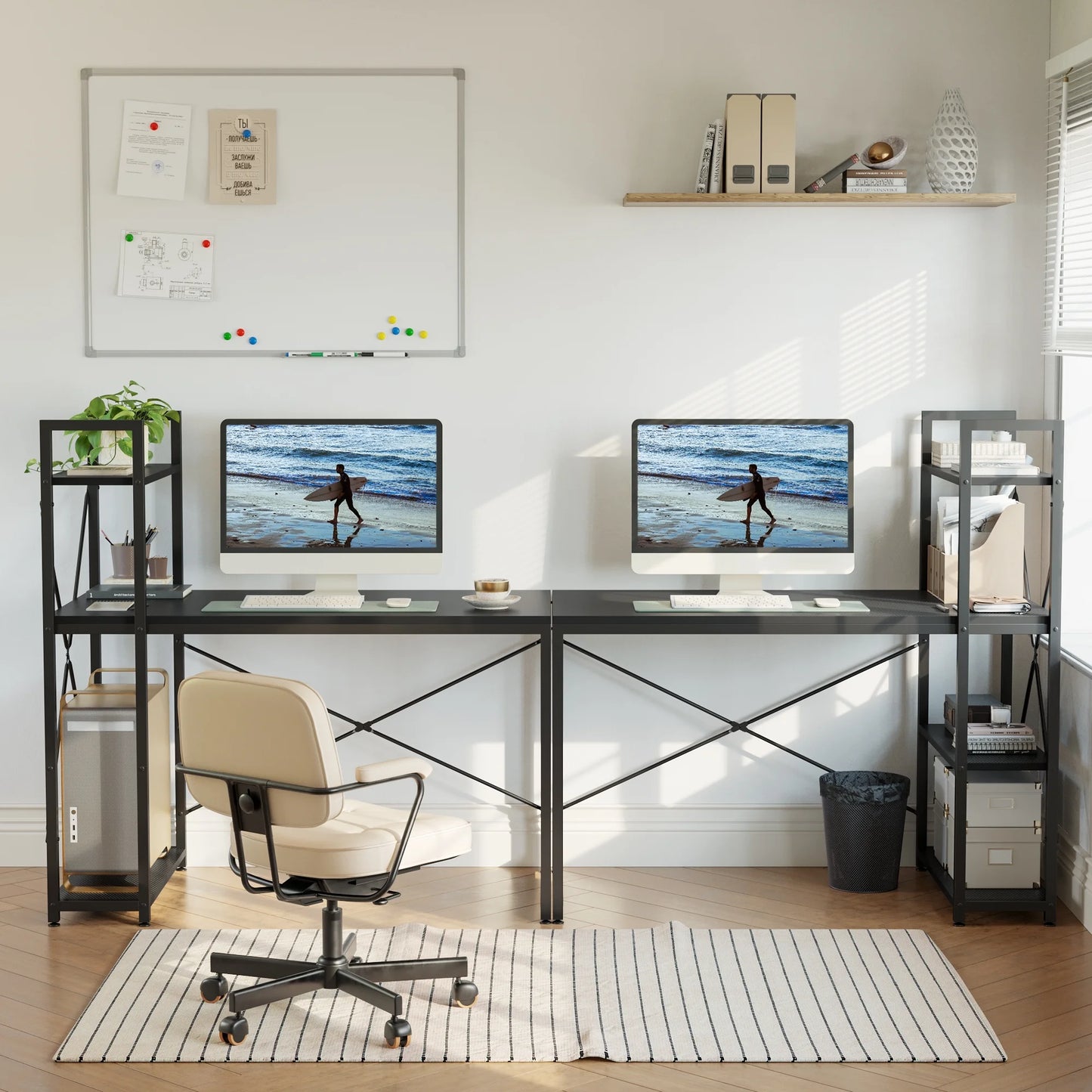 47" Computer Desk with Adjustable Shelves, Writing Desk with Reversible Bookshelf, Black 3D Carbon Fiber
