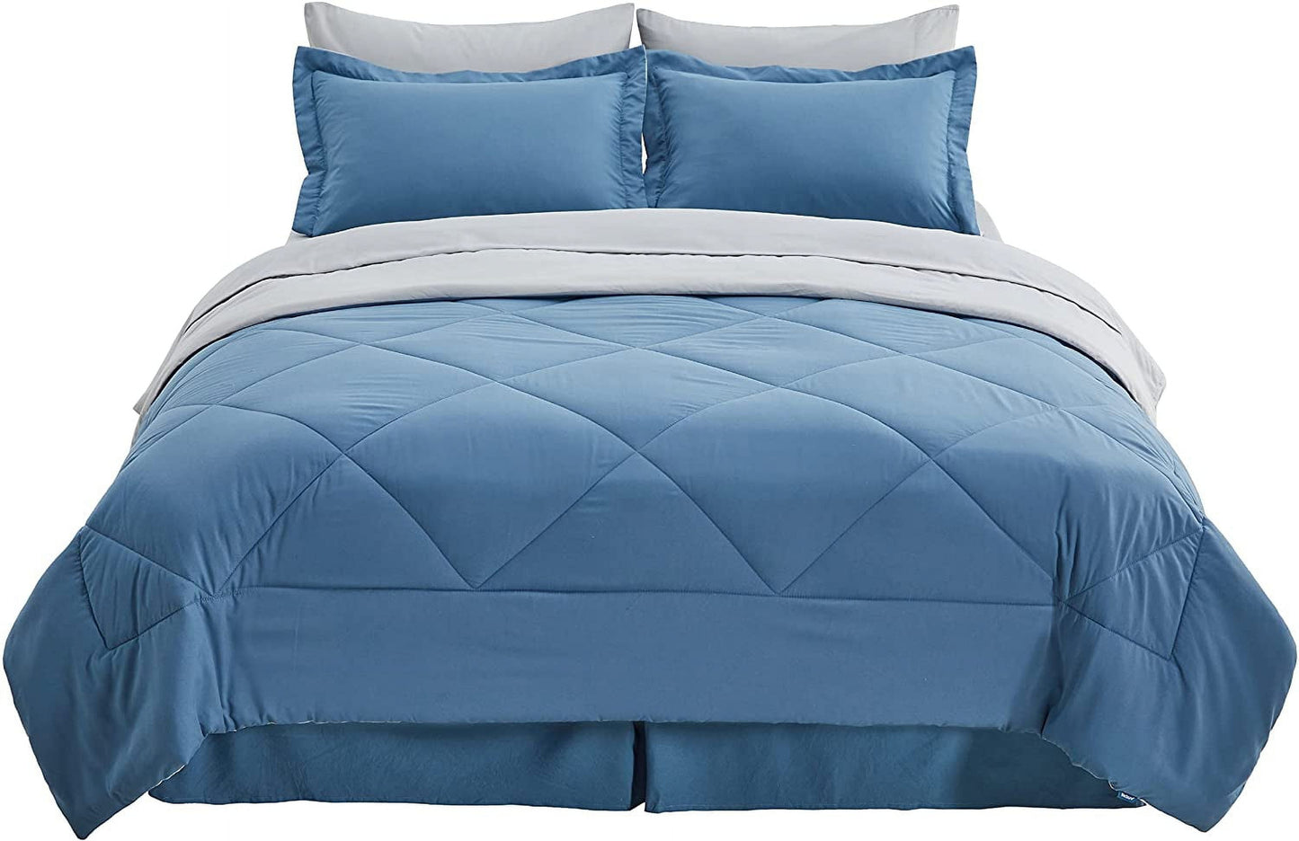 Blue Queen Comforter Set Queen - 7 Pieces Reversible Blue Bed in a Bag with Comforters, Sheets, Pillowcases & Shams, Queen Blue Bed Set