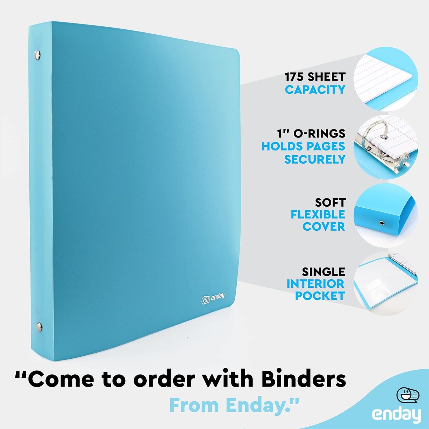 1 Inch Binders 3 Ring Blue, 1” Soft Plastic Flexible Cover round Ring with a Pocket Binder, Holds 175 Sheets, School Supplies Available in Pink, Purple, Red, Green, Grey, 2 PK – by
