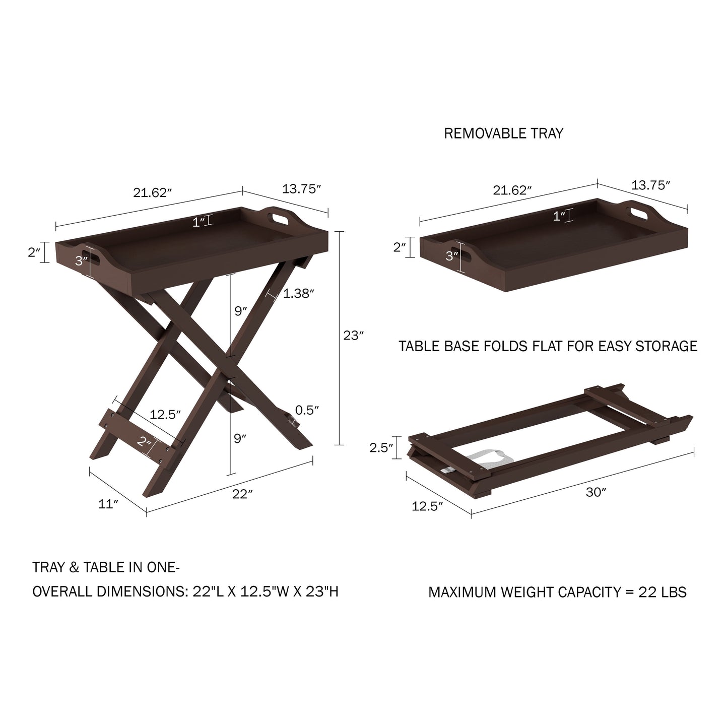 Folding TV Tray Table - Contemporary Side Table with Removable Tray Top (Brown)