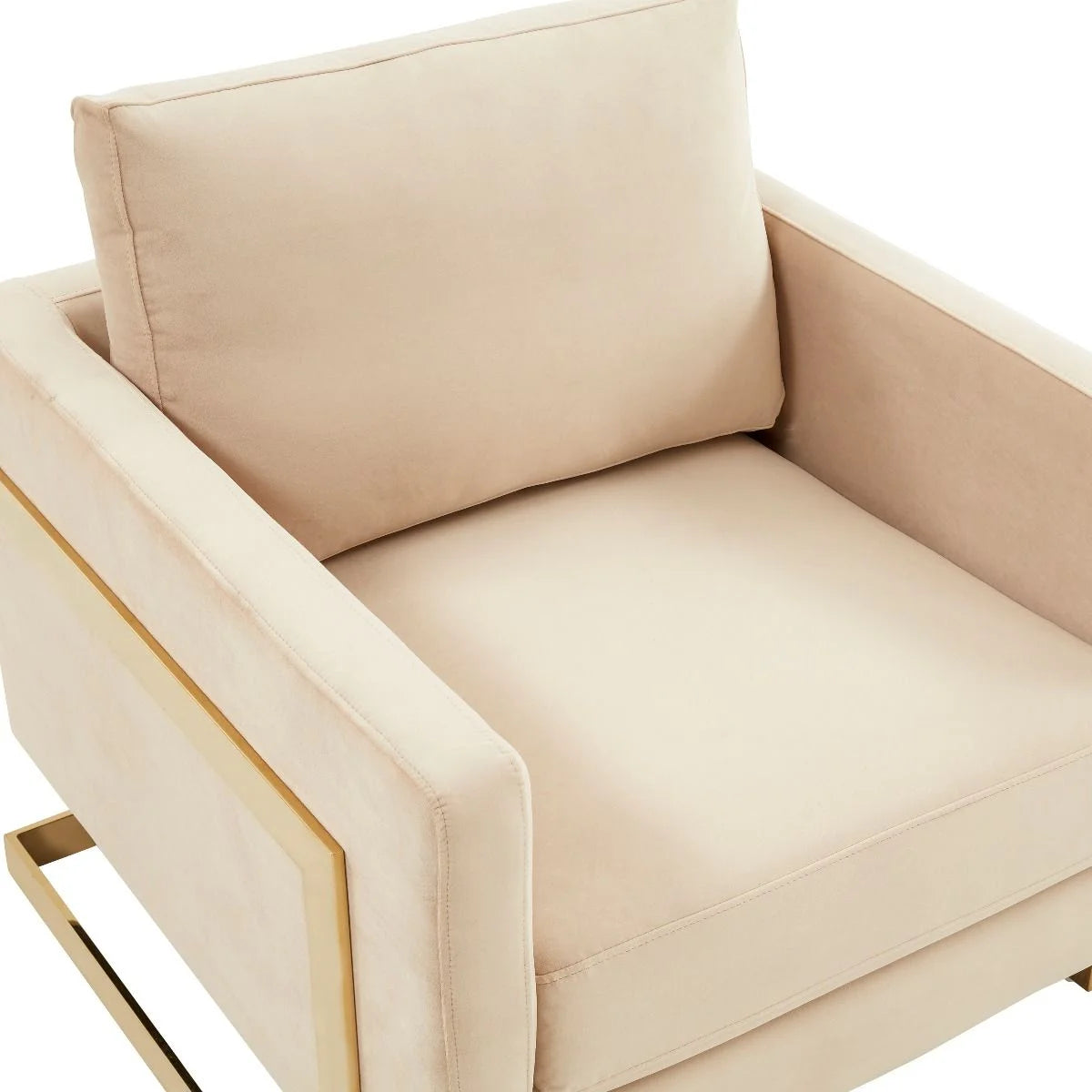 Accent Arm Chair Upholstered in Velvet with Gold Stainless Steel Sled Base and Removable Back and Seat Cushion No Assembly for Home, Bedroom, Office Lincoln Collection in Beige