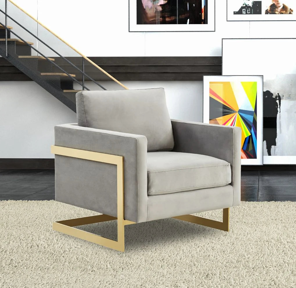 Accent Arm Chair Upholstered in Velvet with Gold Stainless Steel Sled Base and Removable Back and Seat Cushion No Assembly for Home, Bedroom, Office Lincoln Collection in Light Grey