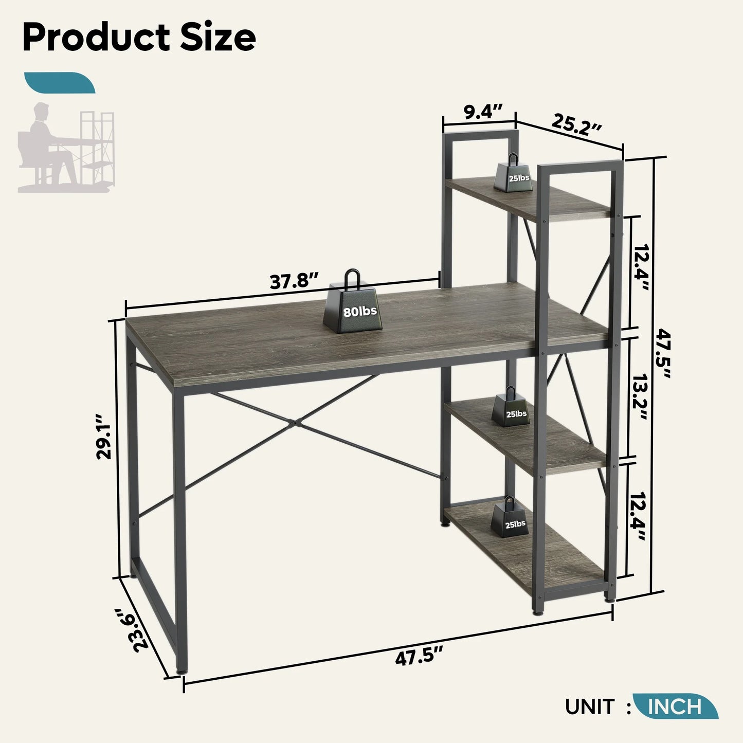 47" Computer Desk with Adjustable Shelves, Writing Desk with Reversible Bookshelf, Retro Grey Oak-Dark