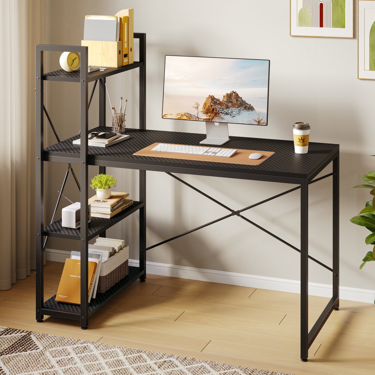 47" Computer Desk with Adjustable Shelves, Writing Desk with Reversible Bookshelf, Black 3D Carbon Fiber