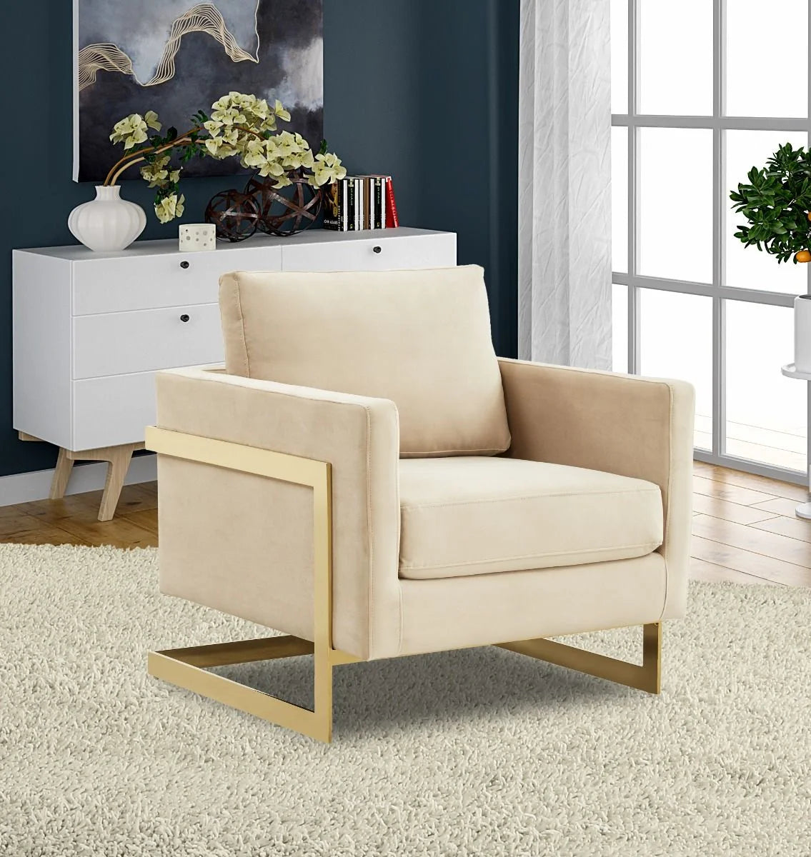 Accent Arm Chair Upholstered in Velvet with Gold Stainless Steel Sled Base and Removable Back and Seat Cushion No Assembly for Home, Bedroom, Office Lincoln Collection in Beige