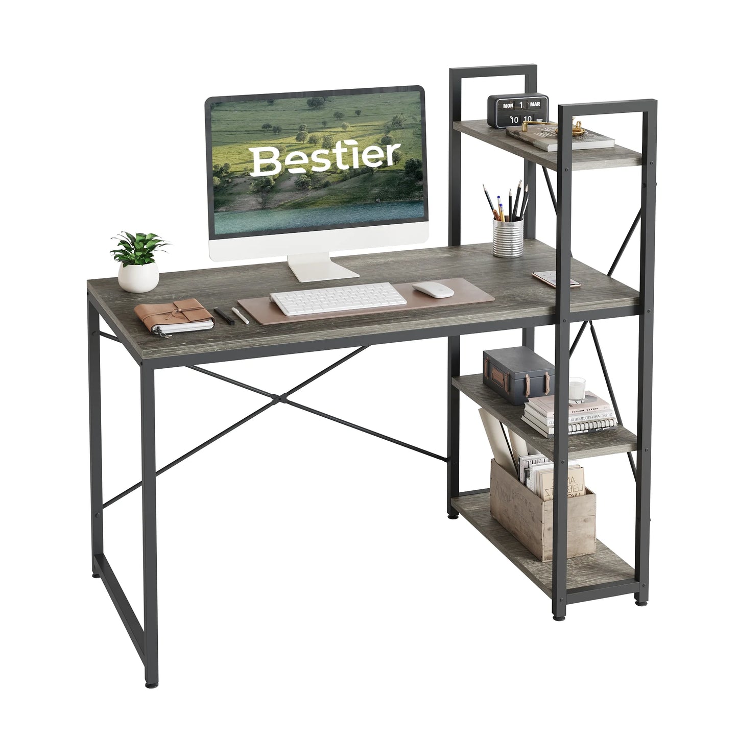 47" Computer Desk with Adjustable Shelves, Writing Desk with Reversible Bookshelf, Retro Grey Oak-Dark
