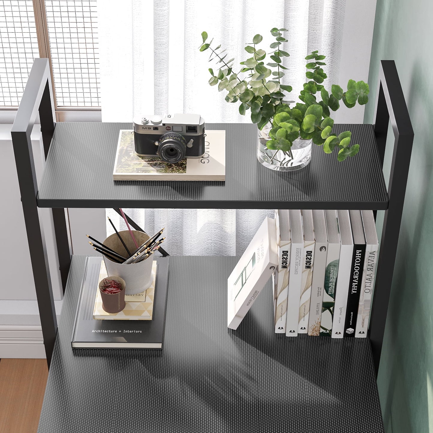 47" Computer Desk with Adjustable Shelves, Writing Desk with Reversible Bookshelf, Black 3D Carbon Fiber