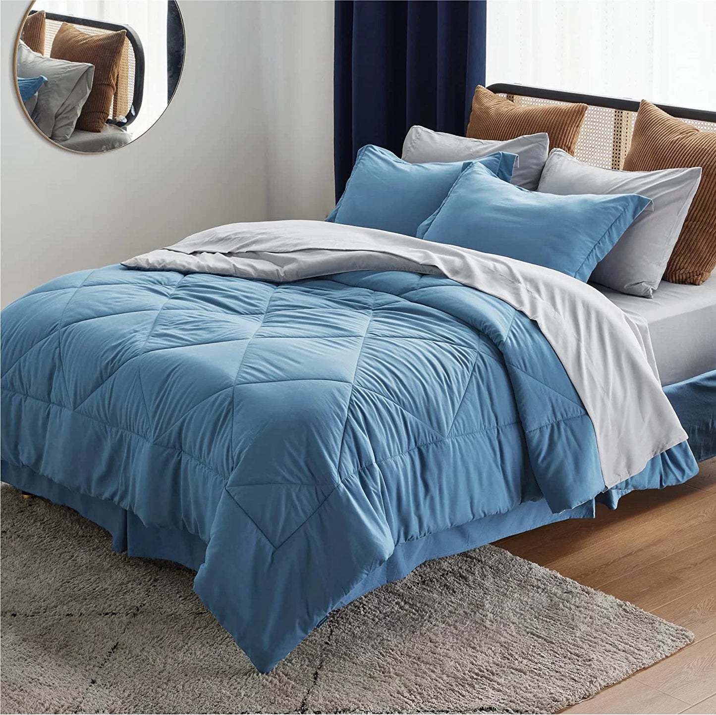 Blue Queen Comforter Set Queen - 7 Pieces Reversible Blue Bed in a Bag with Comforters, Sheets, Pillowcases & Shams, Queen Blue Bed Set