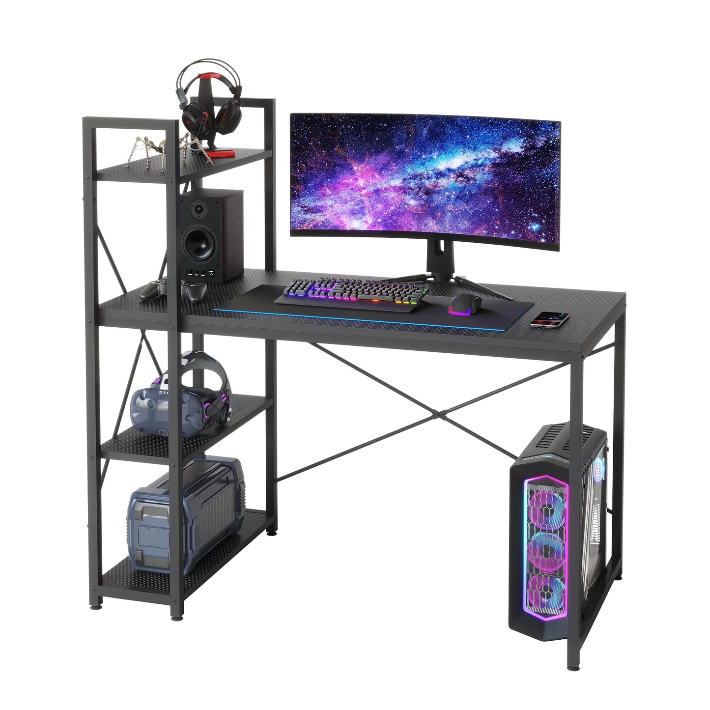 47" Computer Desk with Adjustable Shelves, Writing Desk with Reversible Bookshelf, Black 3D Carbon Fiber