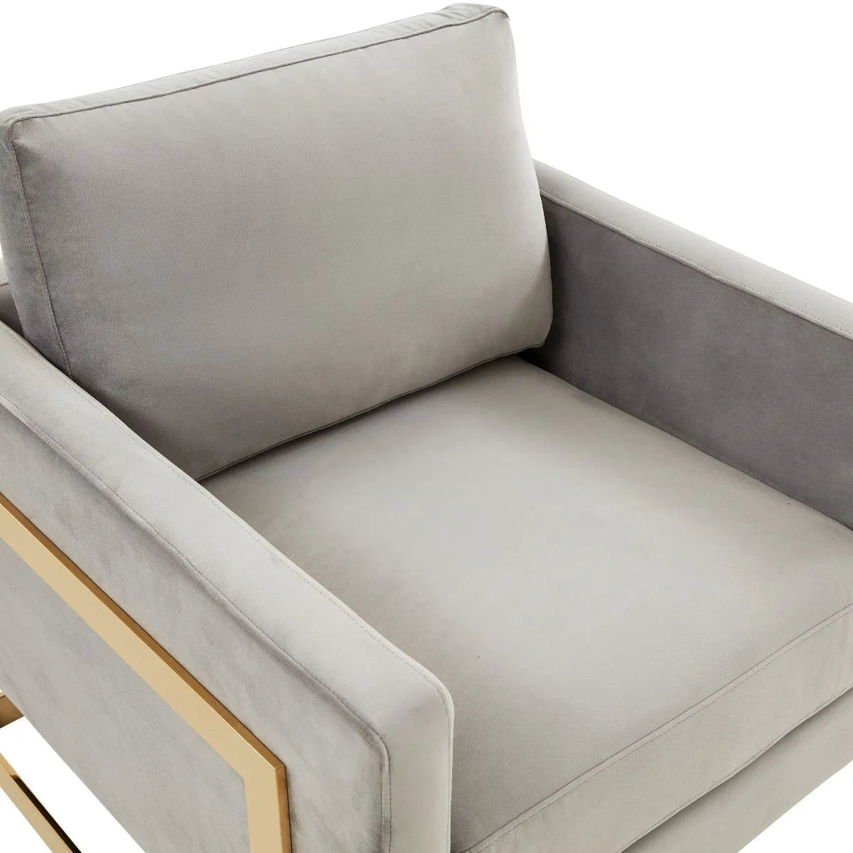 Accent Arm Chair Upholstered in Velvet with Gold Stainless Steel Sled Base and Removable Back and Seat Cushion No Assembly for Home, Bedroom, Office Lincoln Collection in Light Grey