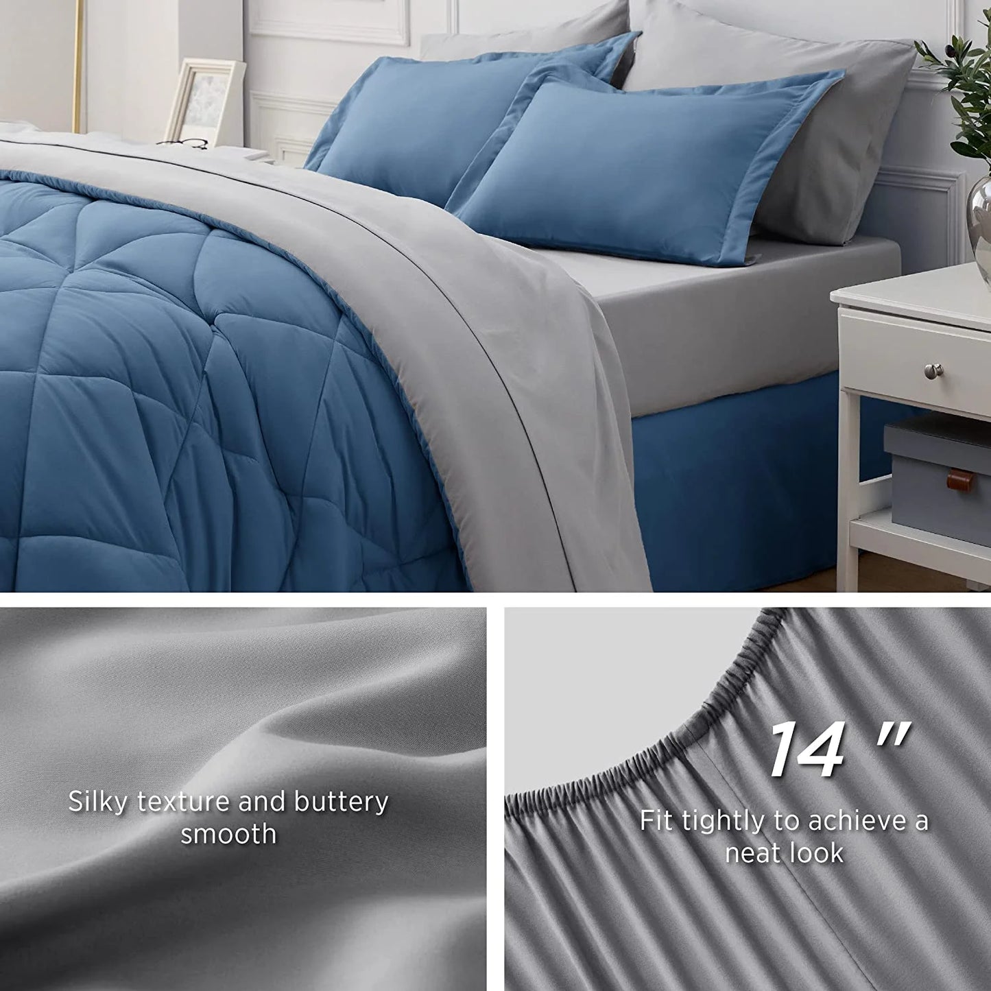 Blue Queen Comforter Set Queen - 7 Pieces Reversible Blue Bed in a Bag with Comforters, Sheets, Pillowcases & Shams, Queen Blue Bed Set