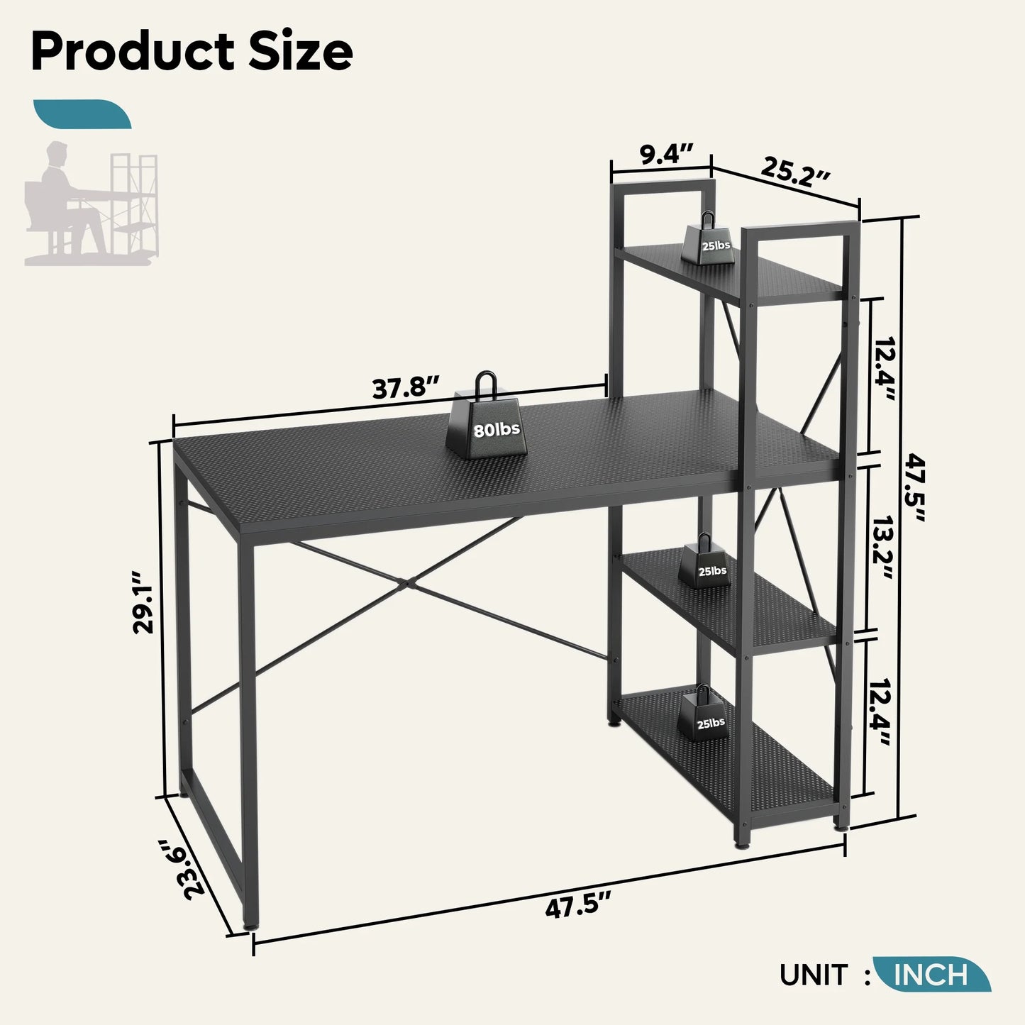 47" Computer Desk with Adjustable Shelves, Writing Desk with Reversible Bookshelf, Black 3D Carbon Fiber