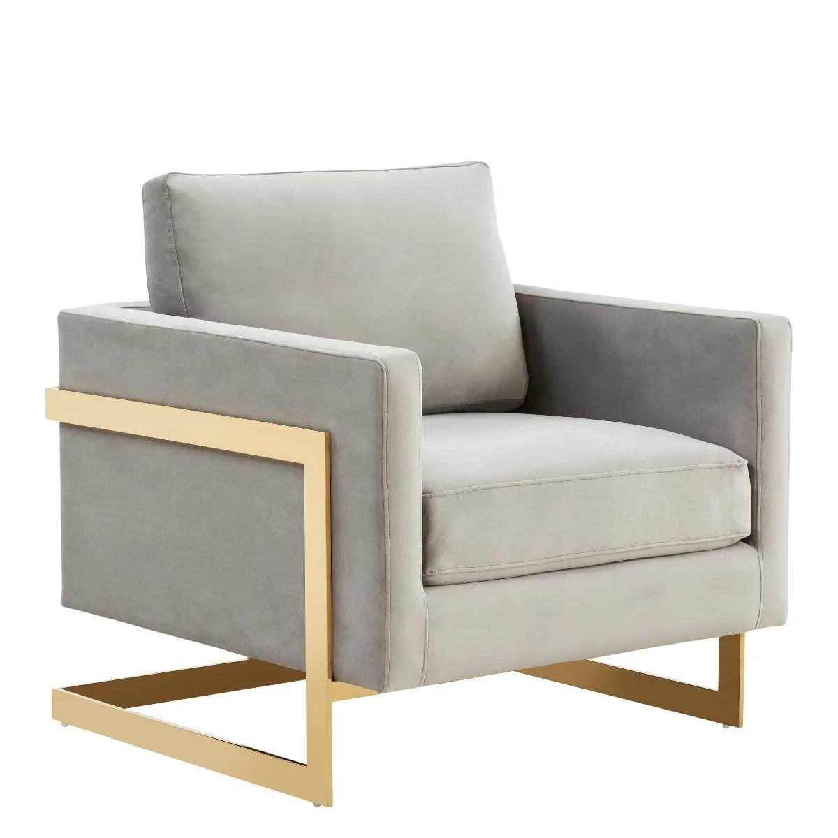 Accent Arm Chair Upholstered in Velvet with Gold Stainless Steel Sled Base and Removable Back and Seat Cushion No Assembly for Home, Bedroom, Office Lincoln Collection in Light Grey