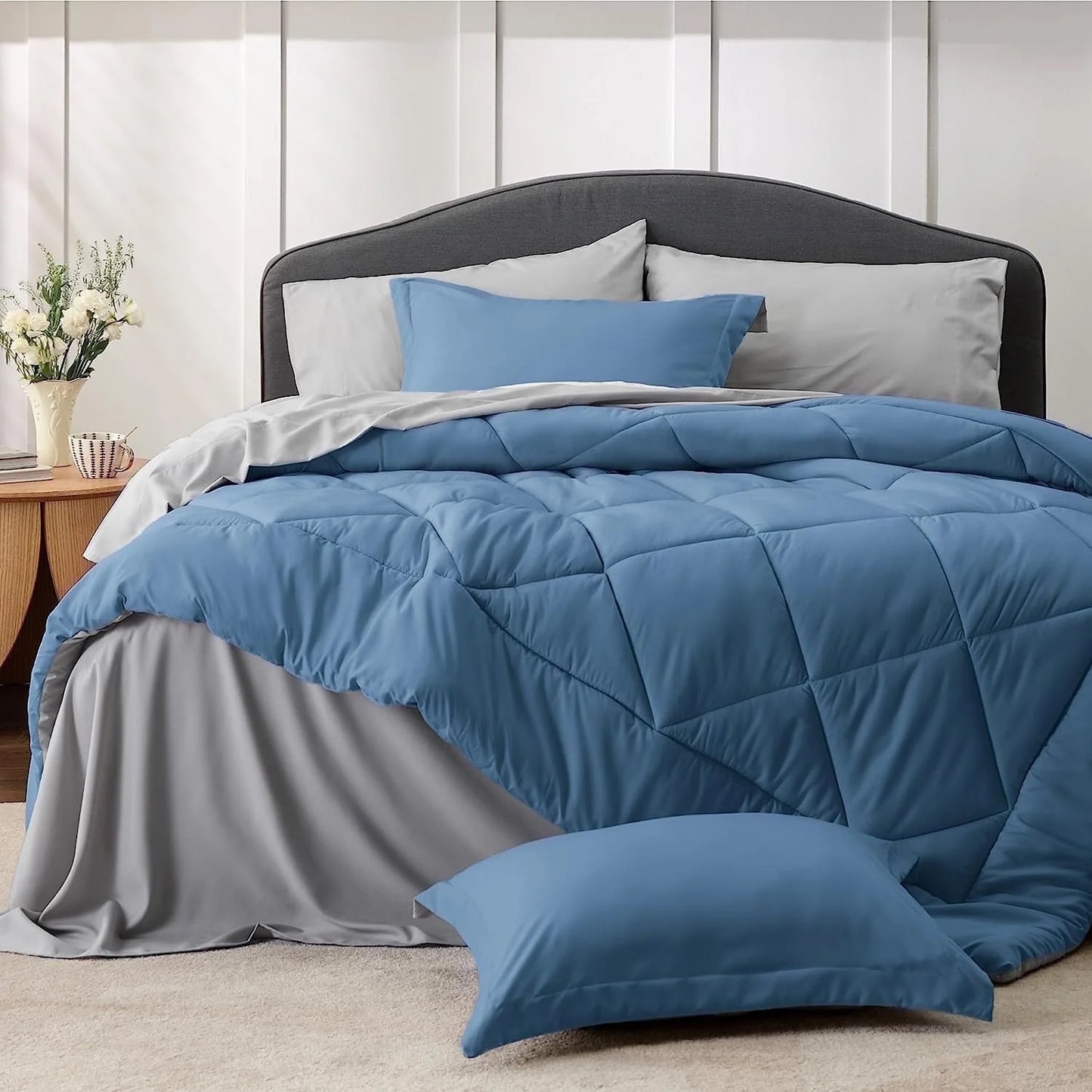 Blue Queen Comforter Set Queen - 7 Pieces Reversible Blue Bed in a Bag with Comforters, Sheets, Pillowcases & Shams, Queen Blue Bed Set
