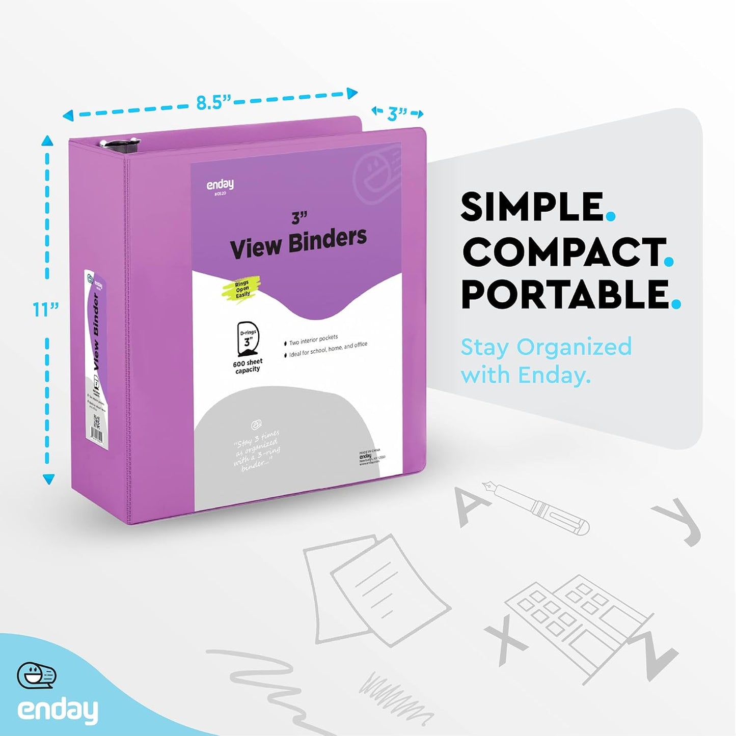 3 Inch Binder 3 Ring Binders Purple, Slant D-Ring 3” Clear View Cover with 2 inside Pockets, Heavy Duty Colored School Supplies Office and Home Binders – by