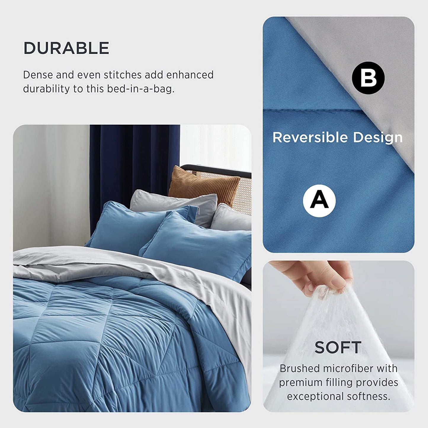 Blue Queen Comforter Set Queen - 7 Pieces Reversible Blue Bed in a Bag with Comforters, Sheets, Pillowcases & Shams, Queen Blue Bed Set