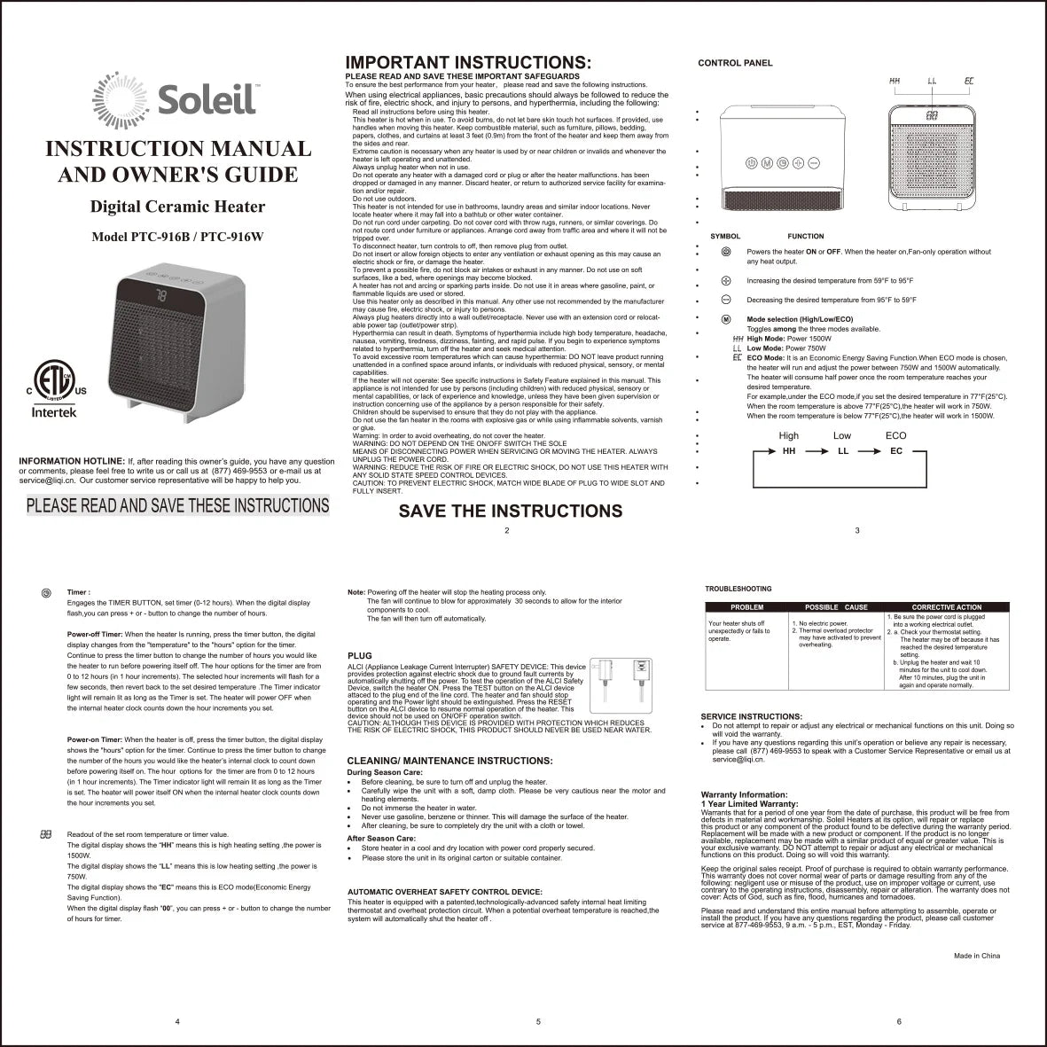 Soleil Electric Digital Ceramic Heater 1500W Indoor White PTC-916W