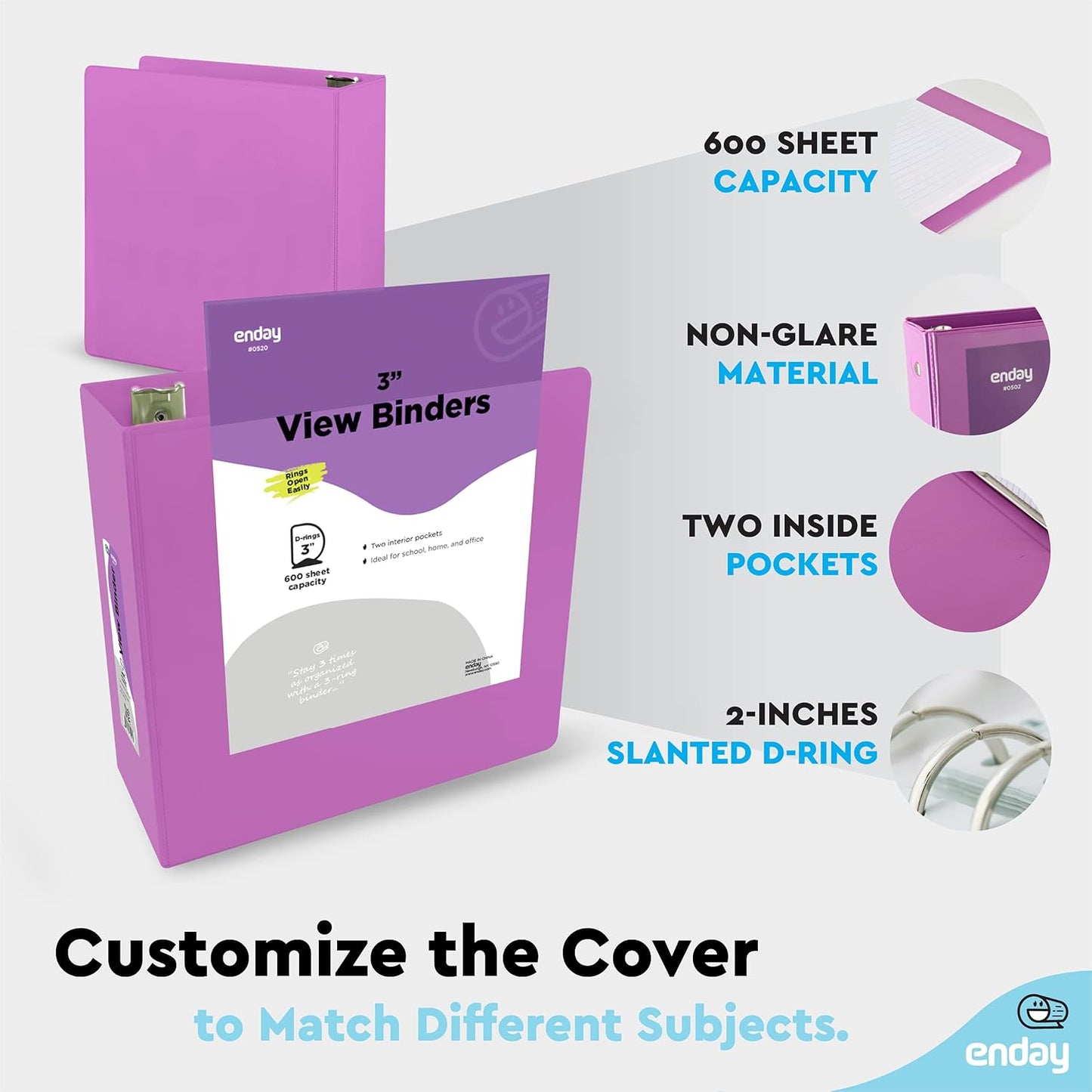 3 Inch Binder 3 Ring Binders Purple, Slant D-Ring 3” Clear View Cover with 2 inside Pockets, Heavy Duty Colored School Supplies Office and Home Binders – by