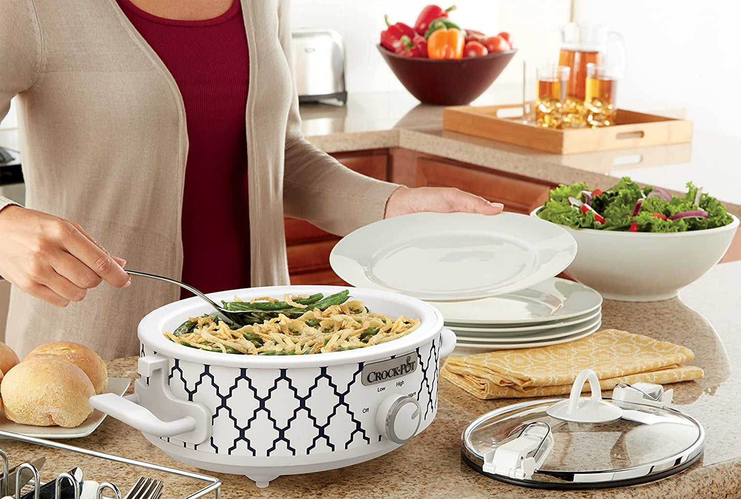 Small 2.5 Quart Casserole Slow Cooker in White/Blue, Enjoy Eye-Catching Quick Meals, Durable and Compact