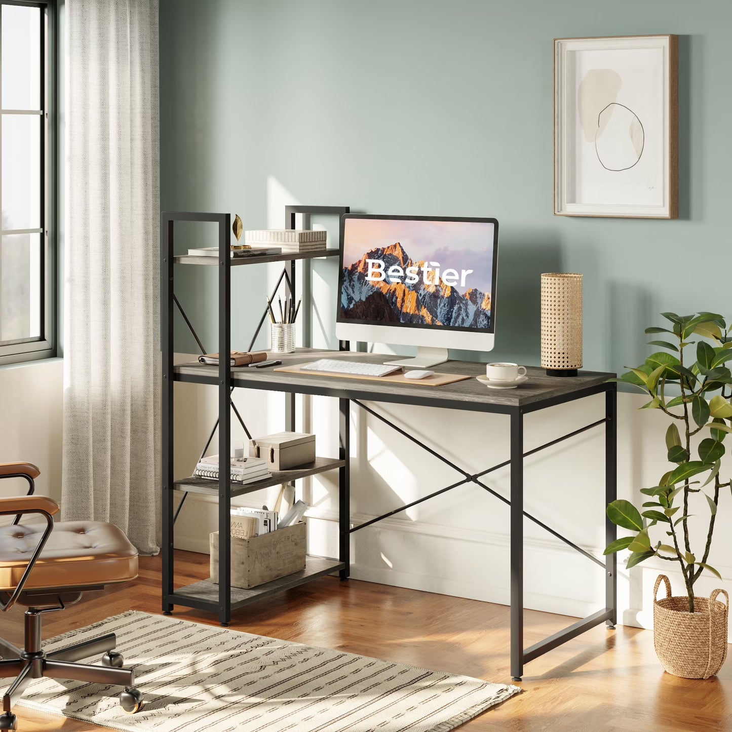 47" Computer Desk with Adjustable Shelves, Writing Desk with Reversible Bookshelf, Retro Grey Oak-Dark