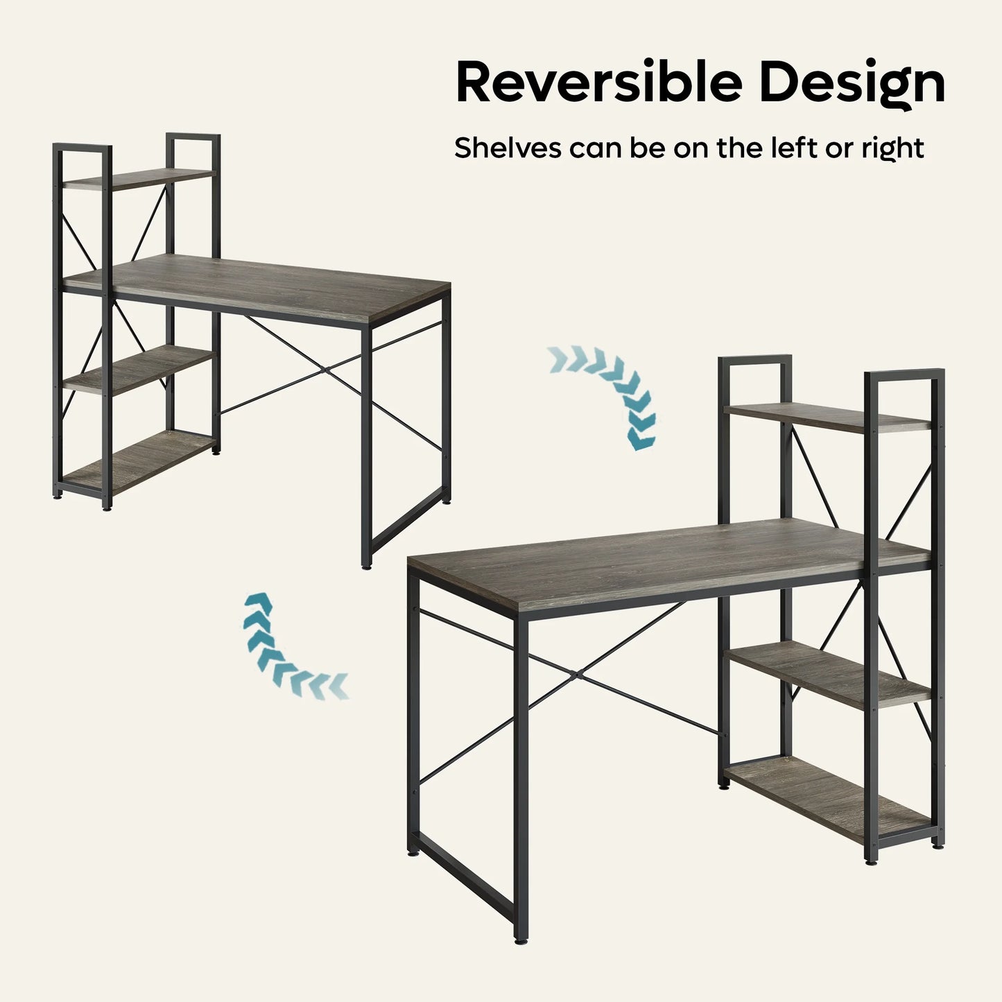 47" Computer Desk with Adjustable Shelves, Writing Desk with Reversible Bookshelf, Retro Grey Oak-Dark
