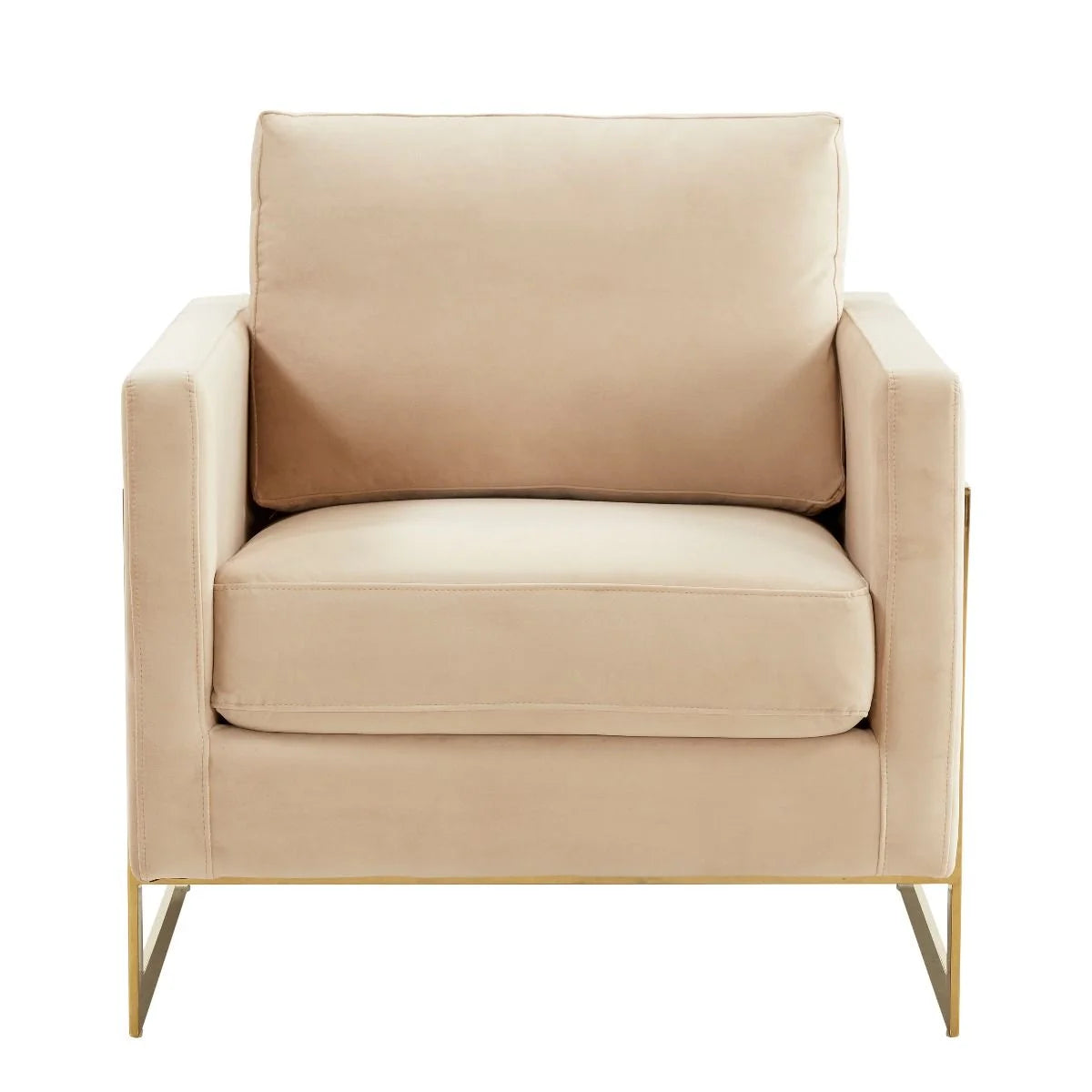 Accent Arm Chair Upholstered in Velvet with Gold Stainless Steel Sled Base and Removable Back and Seat Cushion No Assembly for Home, Bedroom, Office Lincoln Collection in Beige