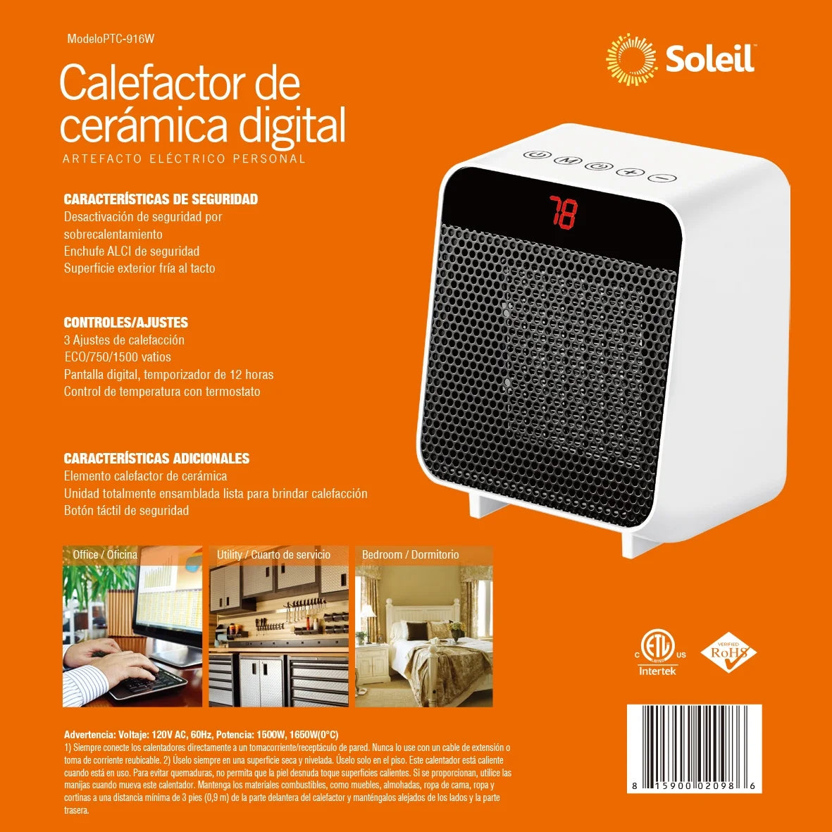 Soleil Electric Digital Ceramic Heater 1500W Indoor White PTC-916W